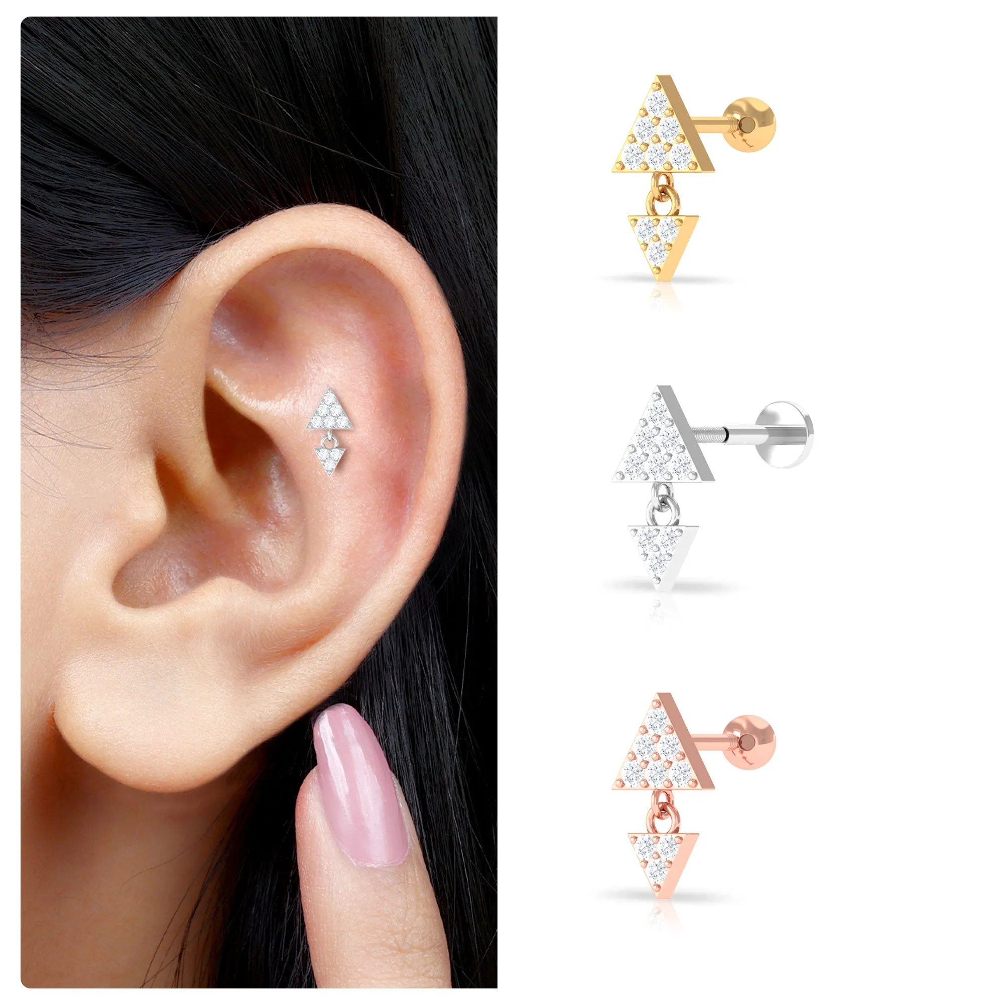 Round Moissanite Triangle Helix Drop Earring in Pave Setting
