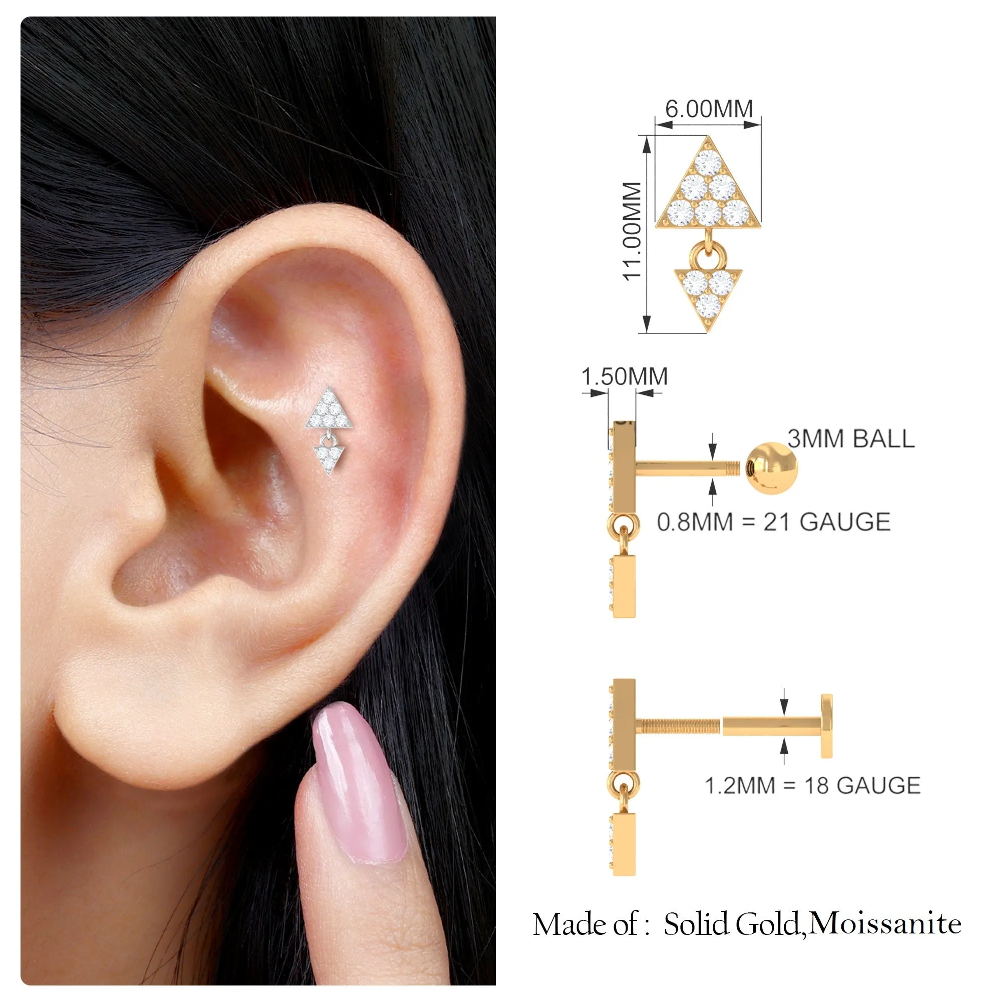 Round Moissanite Triangle Helix Drop Earring in Pave Setting