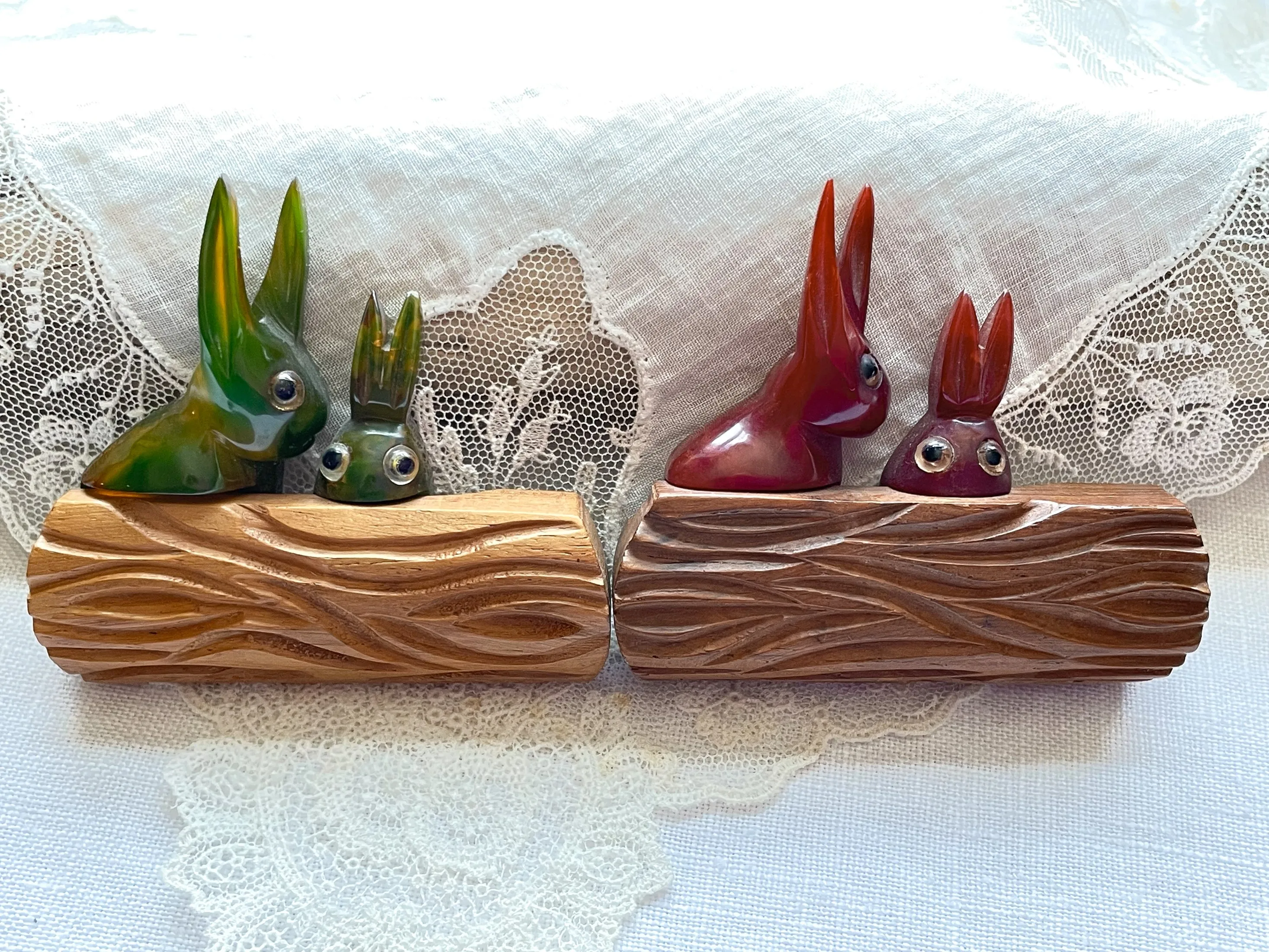 SOLD Vintage Bakelite Rabbit Brooches, Maroon/Green
