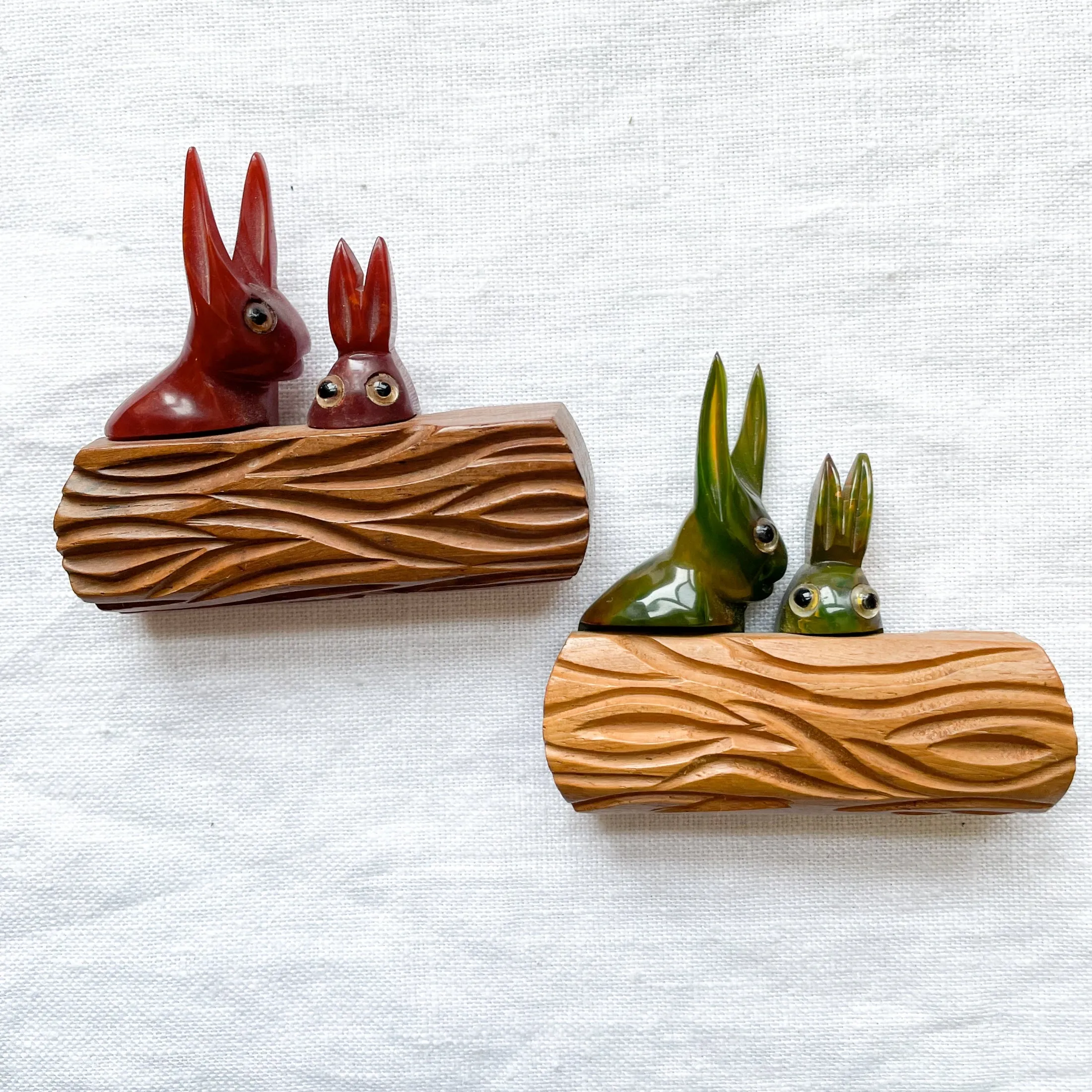 SOLD Vintage Bakelite Rabbit Brooches, Maroon/Green
