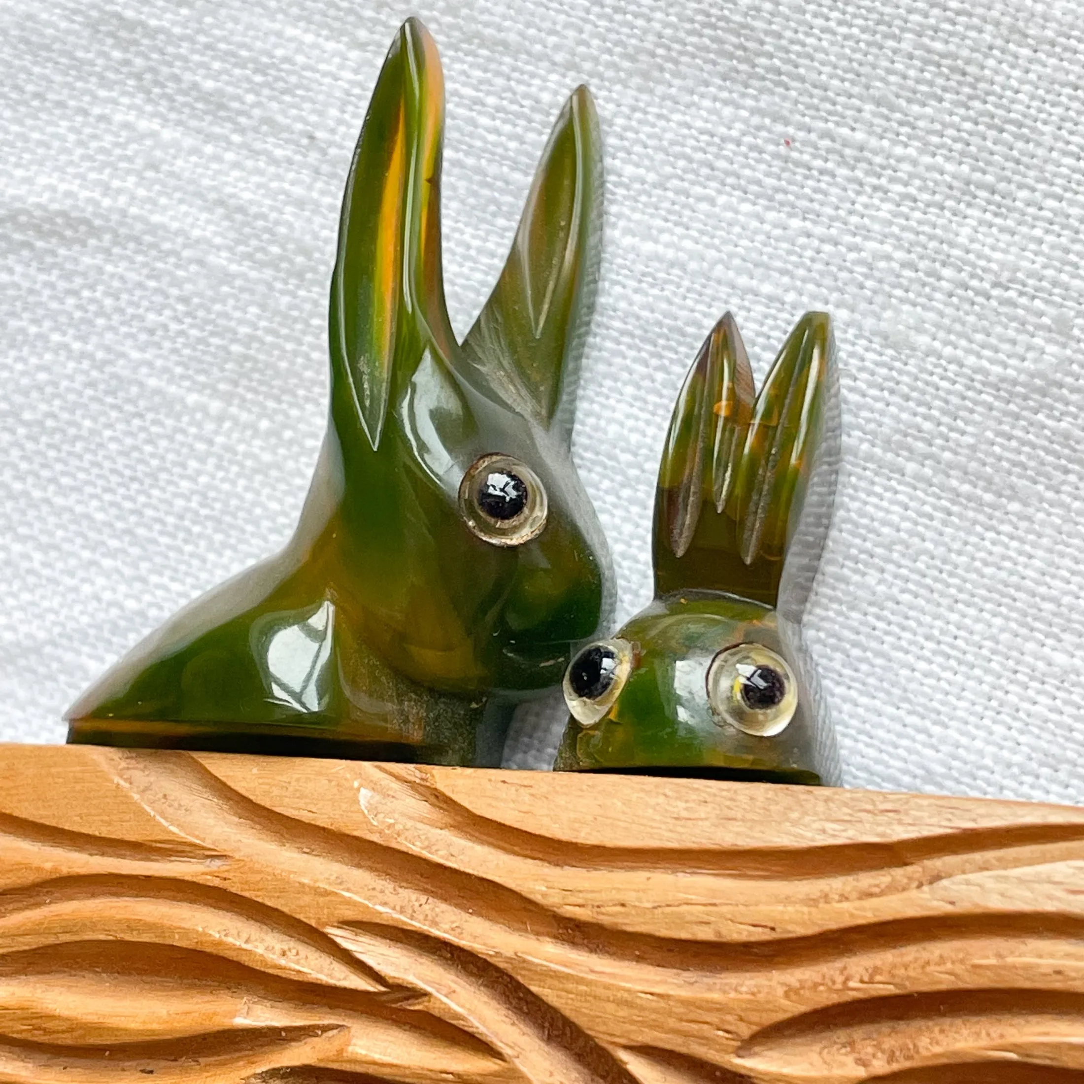 SOLD Vintage Bakelite Rabbit Brooches, Maroon/Green