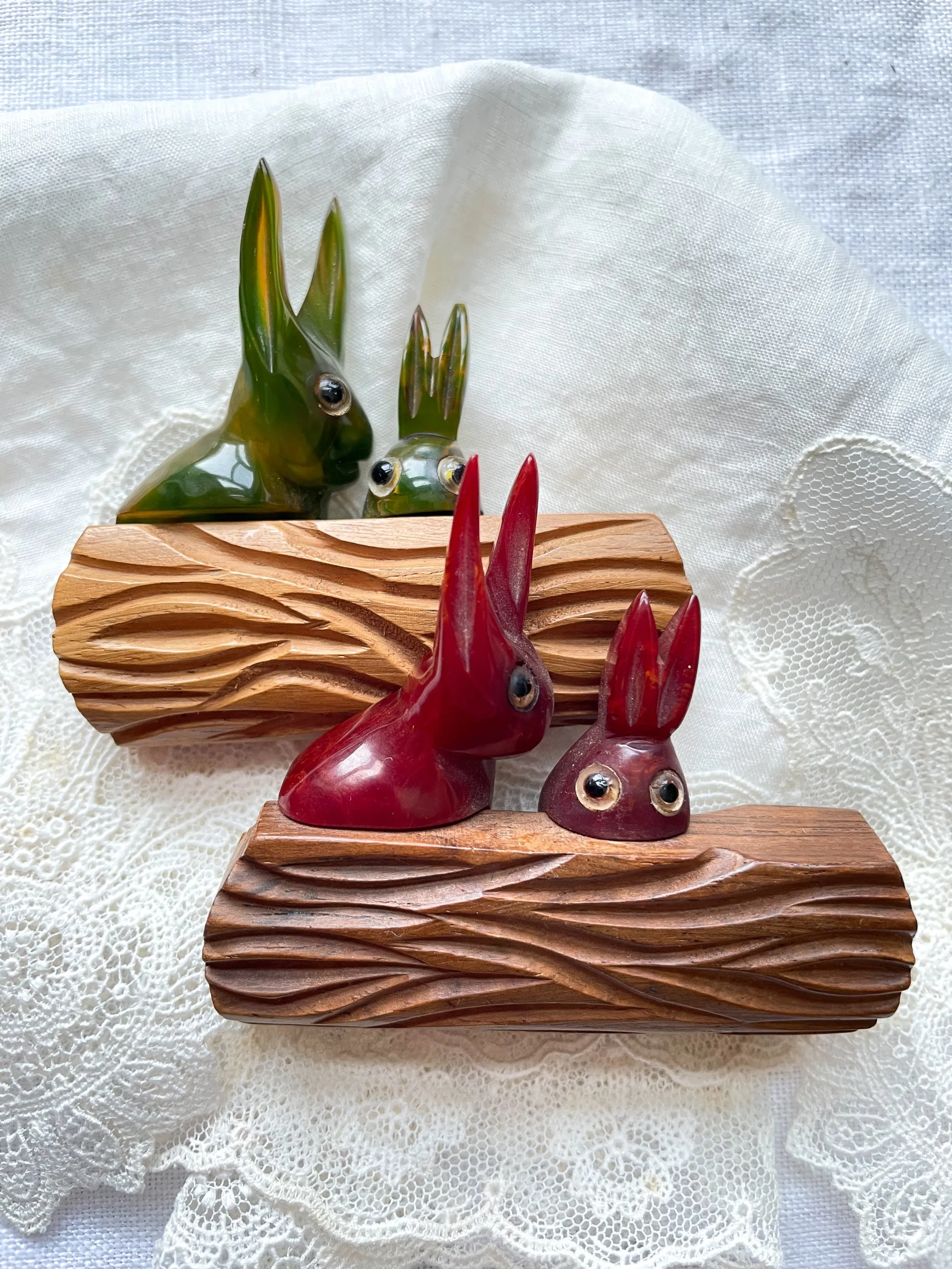 SOLD Vintage Bakelite Rabbit Brooches, Maroon/Green