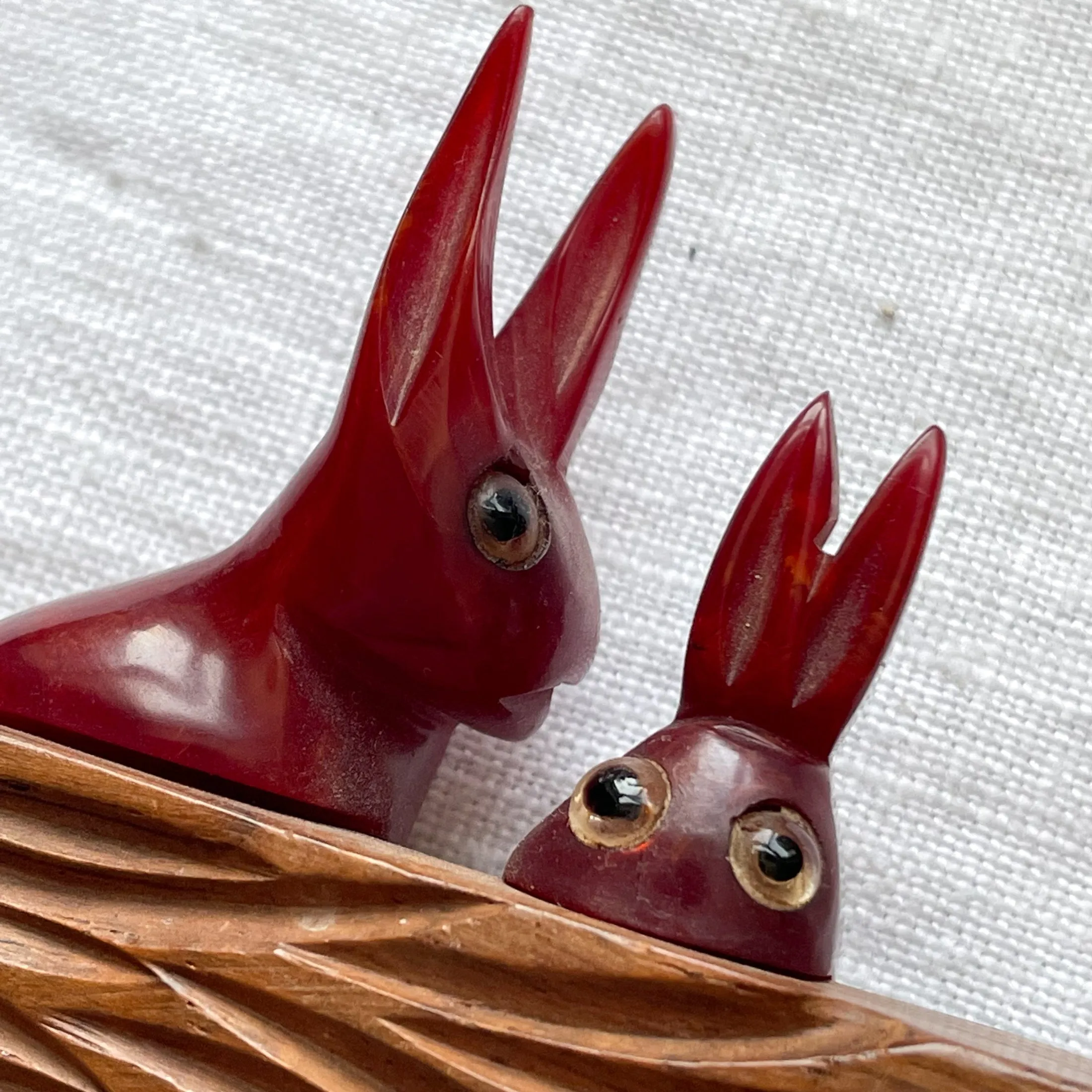 SOLD Vintage Bakelite Rabbit Brooches, Maroon/Green