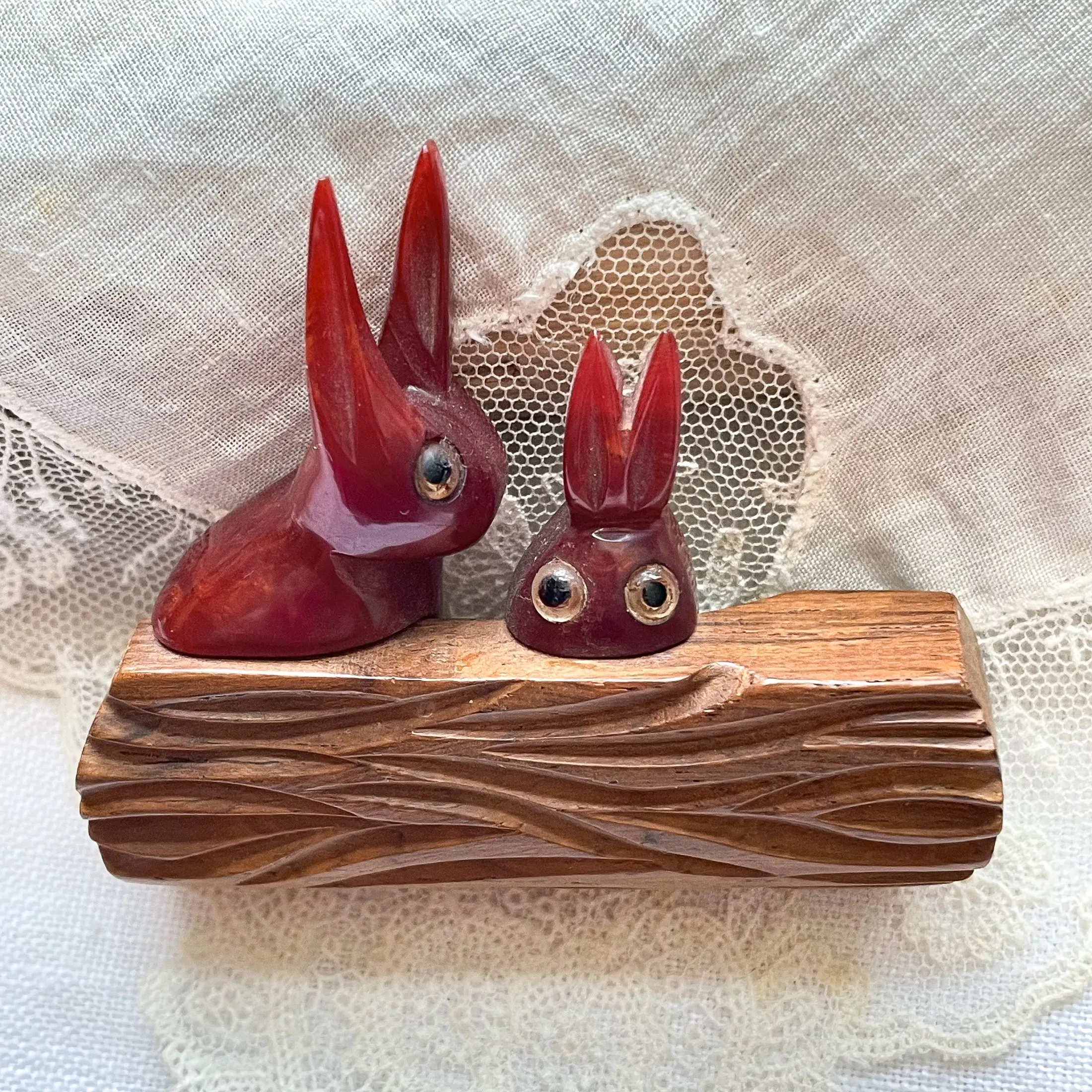 SOLD Vintage Bakelite Rabbit Brooches, Maroon/Green