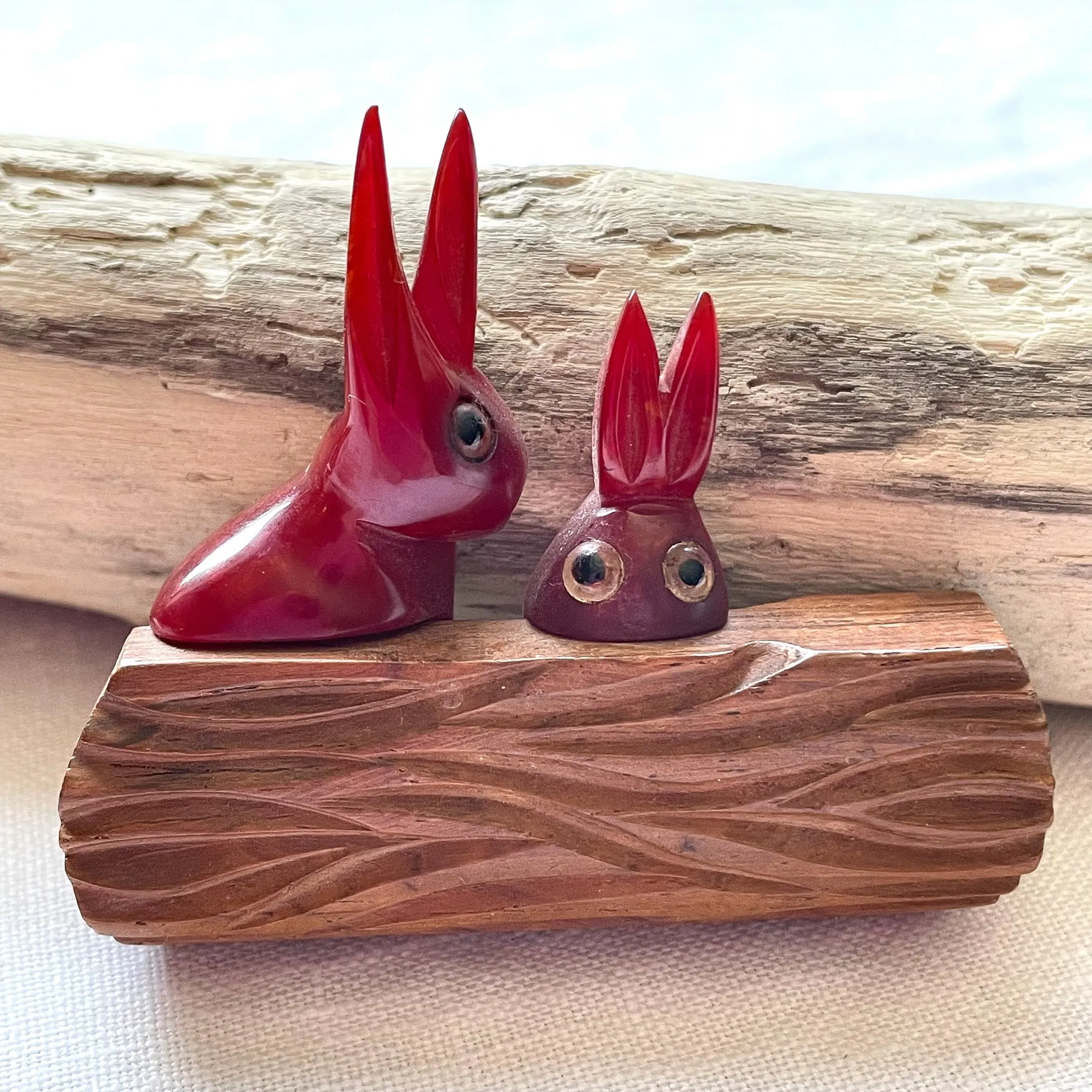 SOLD Vintage Bakelite Rabbit Brooches, Maroon/Green