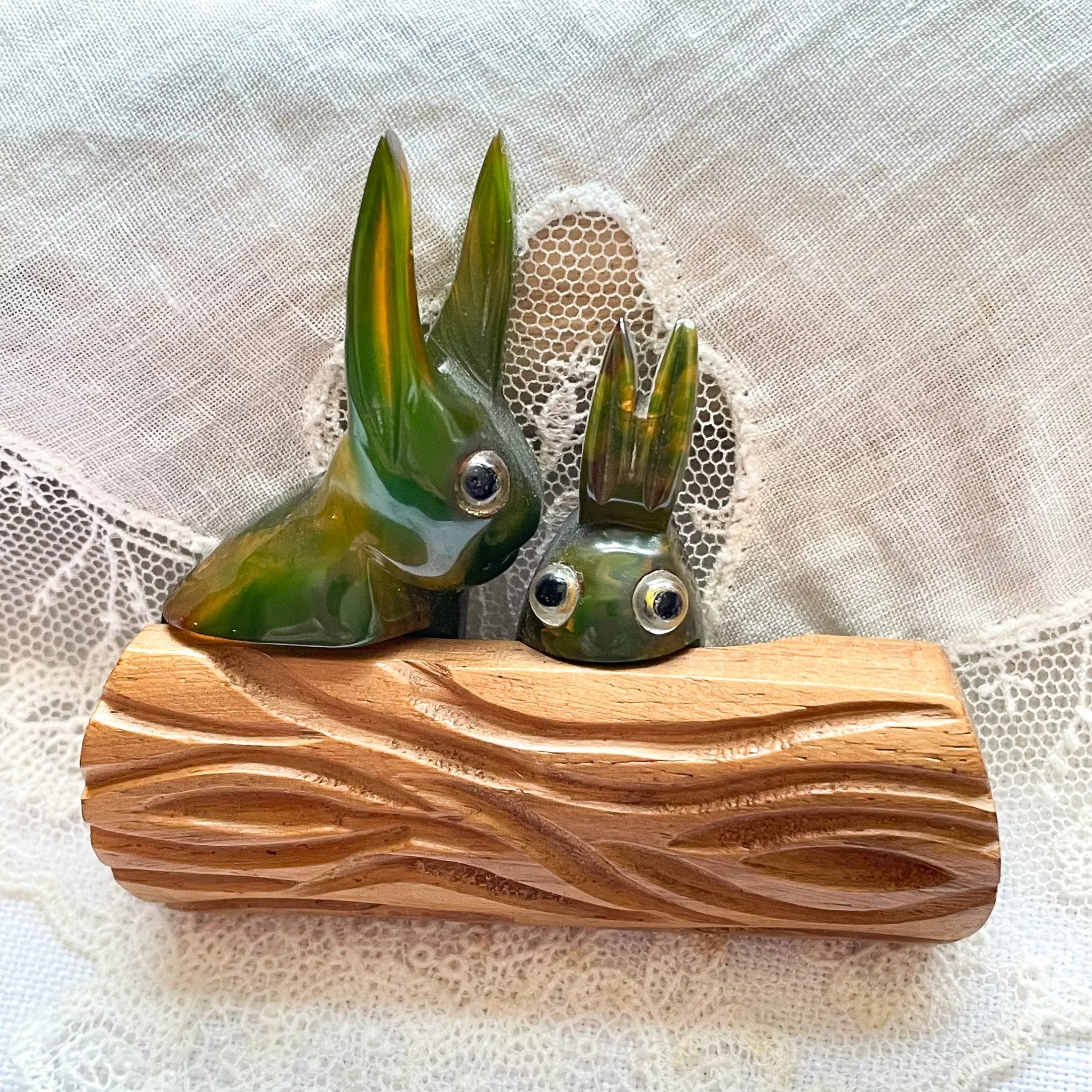 SOLD Vintage Bakelite Rabbit Brooches, Maroon/Green
