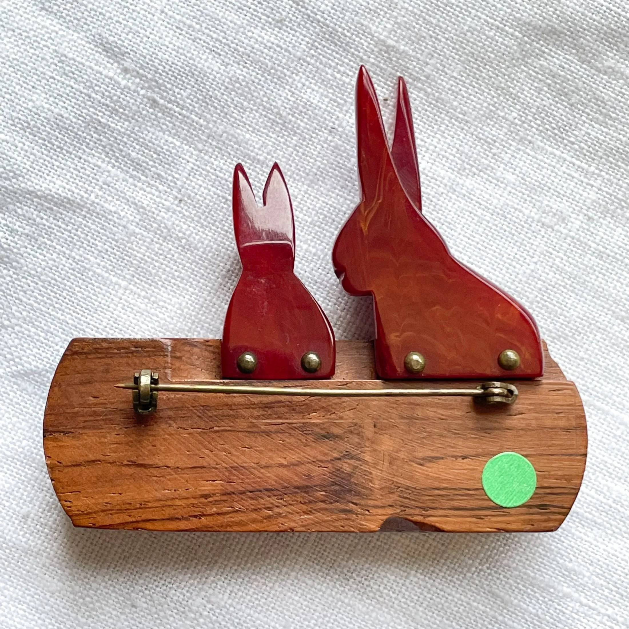 SOLD Vintage Bakelite Rabbit Brooches, Maroon/Green
