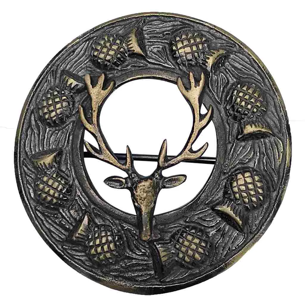 Stag Head Mount Fly Plaid Brooch Antique
