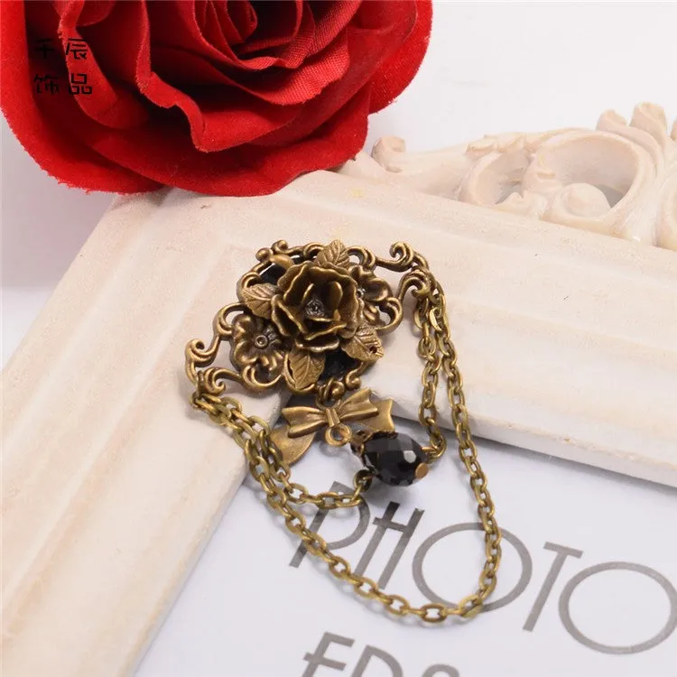 Steampunk Bow Rhinestone Rose Brooch