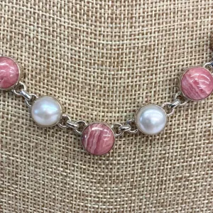 Sterling Silver Rhodonite And Pearl Necklace