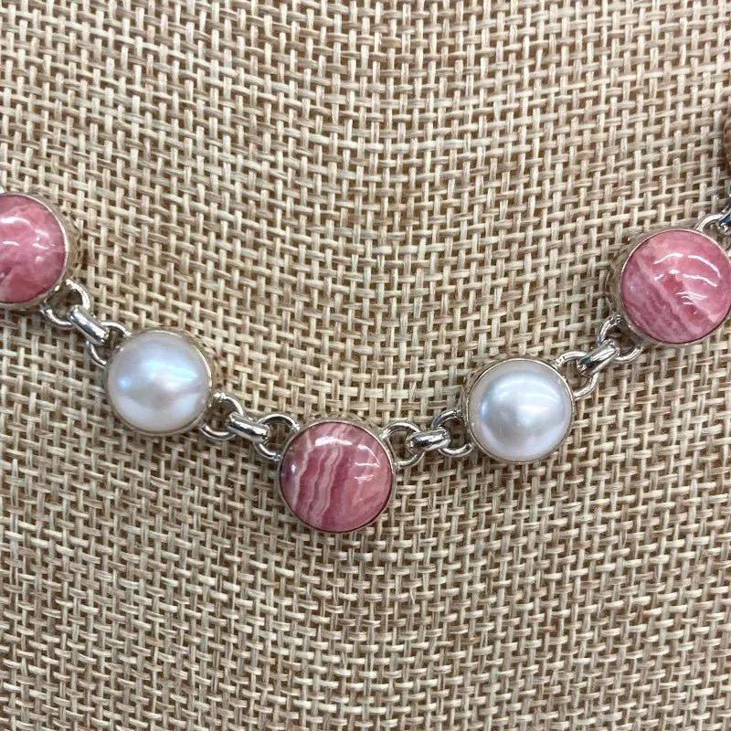 Sterling Silver Rhodonite And Pearl Necklace