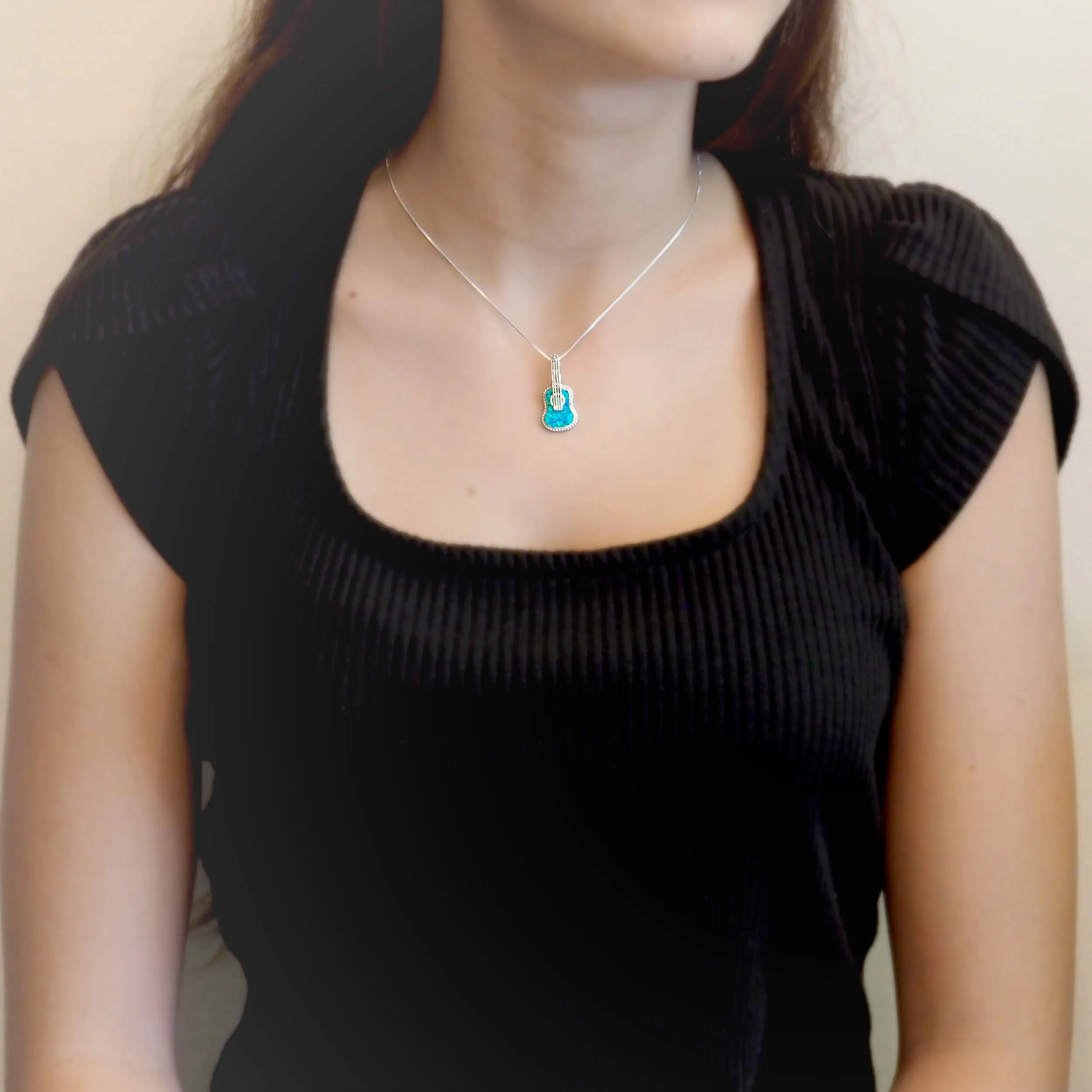 Sterling Silver Synthetic Blue Opal Ukulele Pendant Necklace, 16 2" Extender