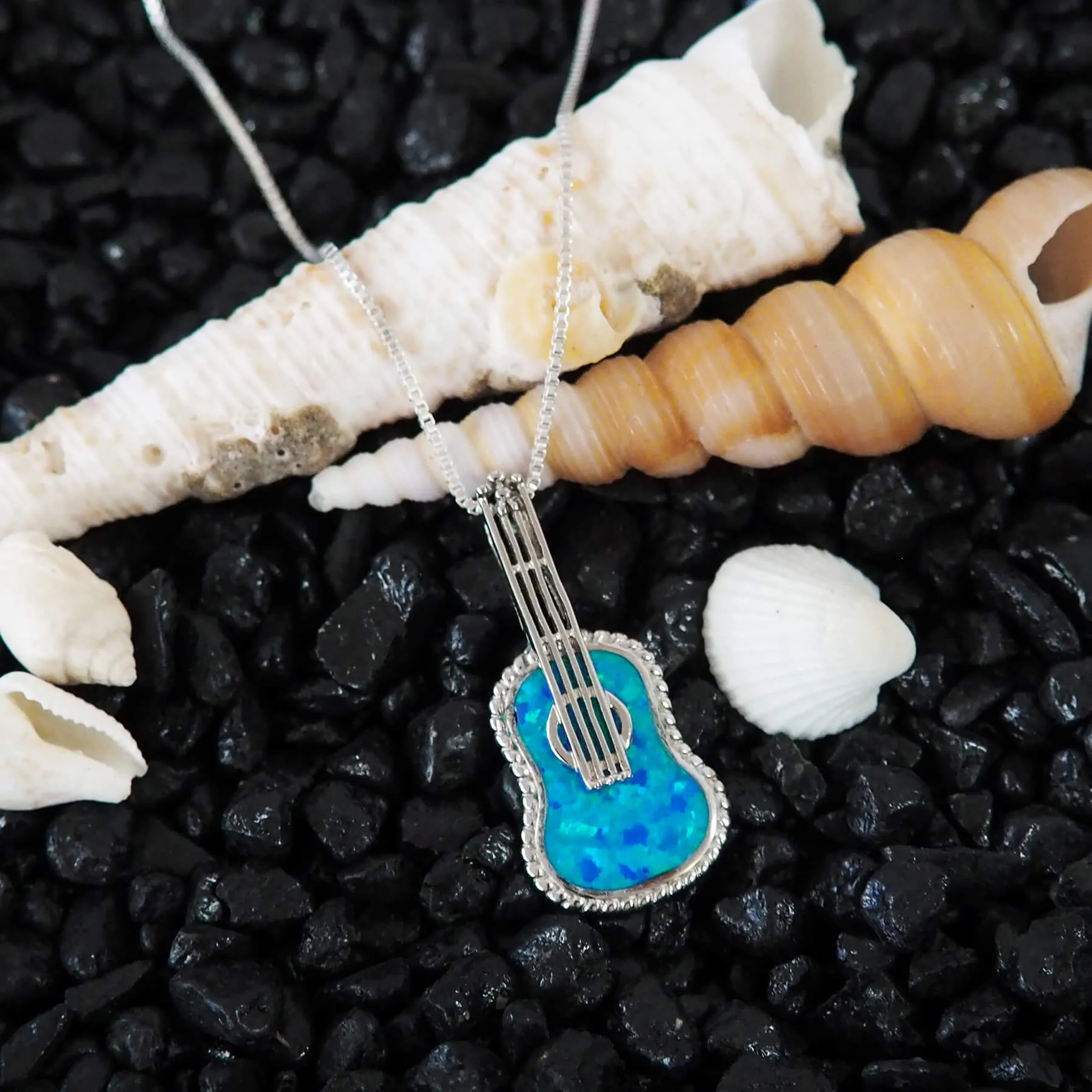 Sterling Silver Synthetic Blue Opal Ukulele Pendant Necklace, 16 2" Extender