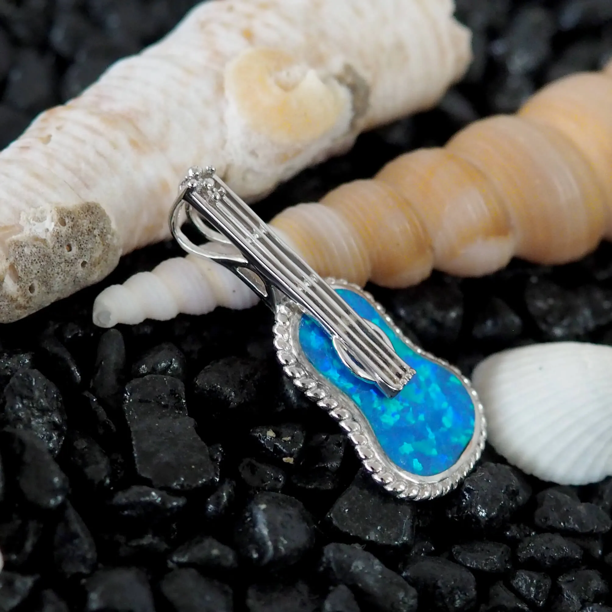 Sterling Silver Synthetic Blue Opal Ukulele Pendant Necklace, 16 2" Extender