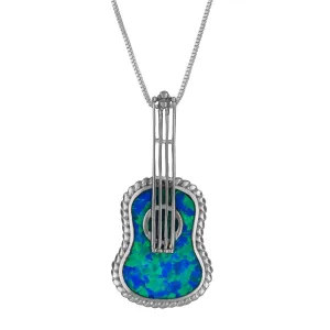 Sterling Silver Synthetic Blue Opal Ukulele Pendant Necklace, 16 2" Extender