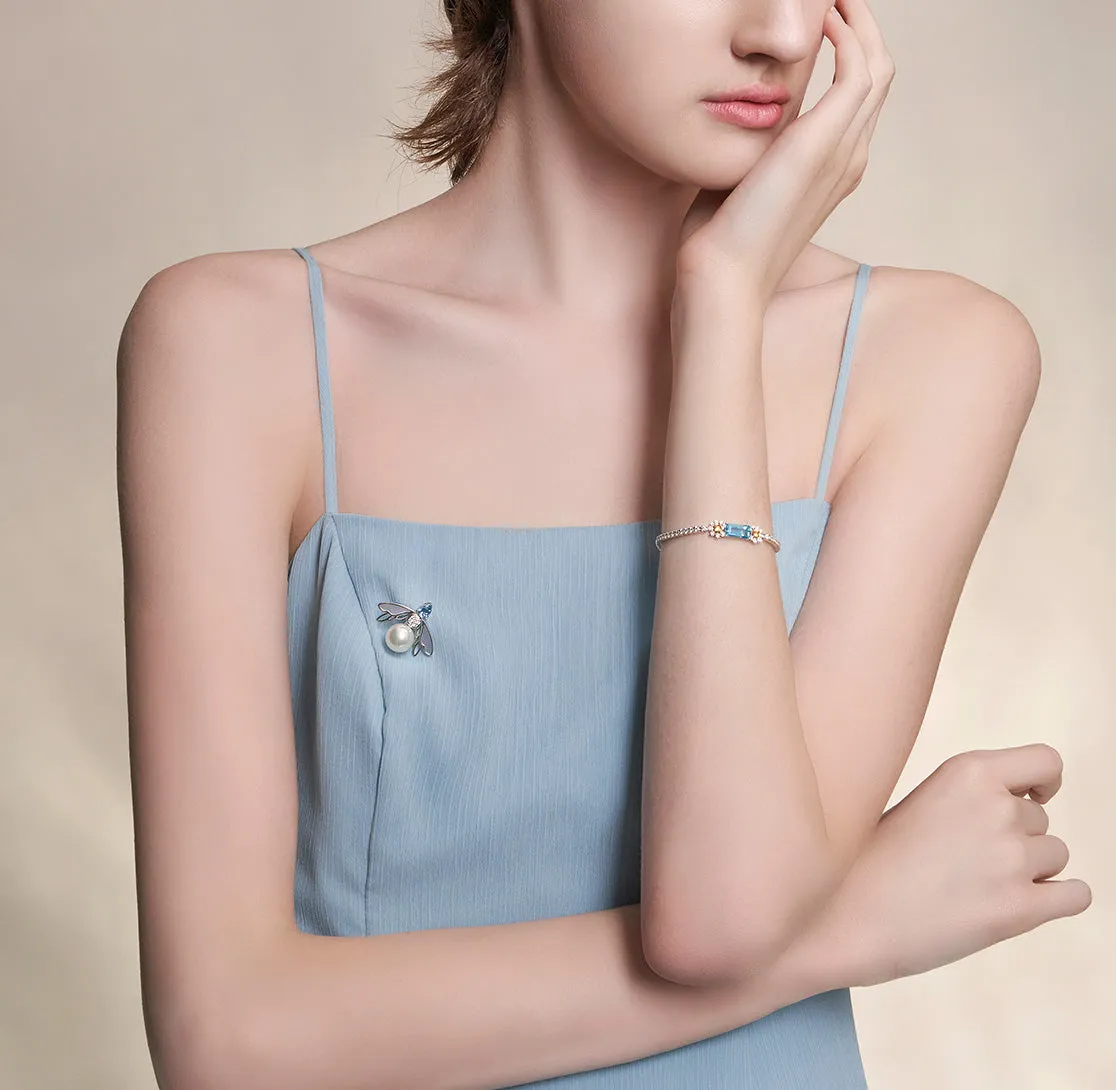 THIALH - FAUNA & FLORA - Bee Aquamarine and Diamond in 18K White Gold Pearl Pendant Brooch