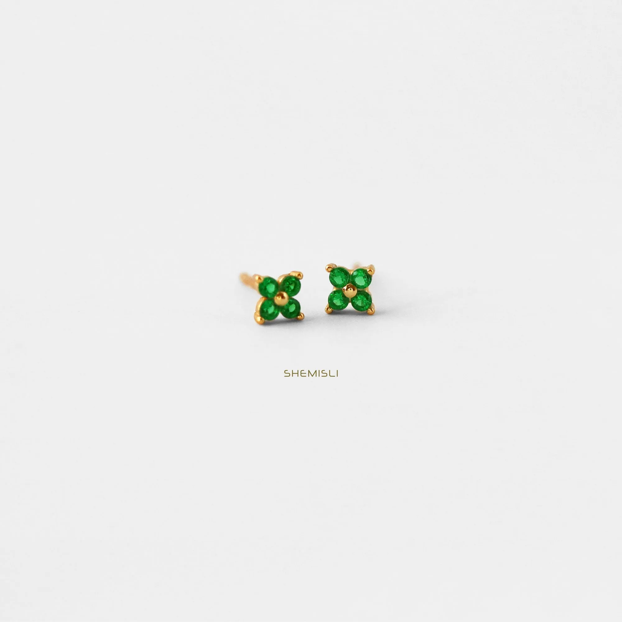Tiny Emerald Clover Flower Stud, Unisex, Gold, Silver SHEMISLI SS079