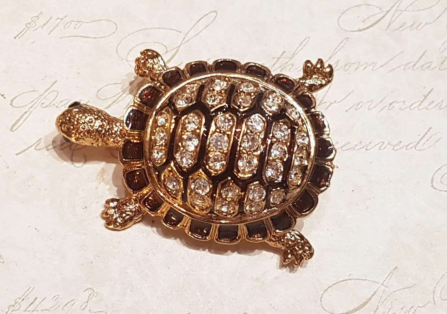 Turtle Brooch Gold Brown Enamel Glass Stones by Sardi