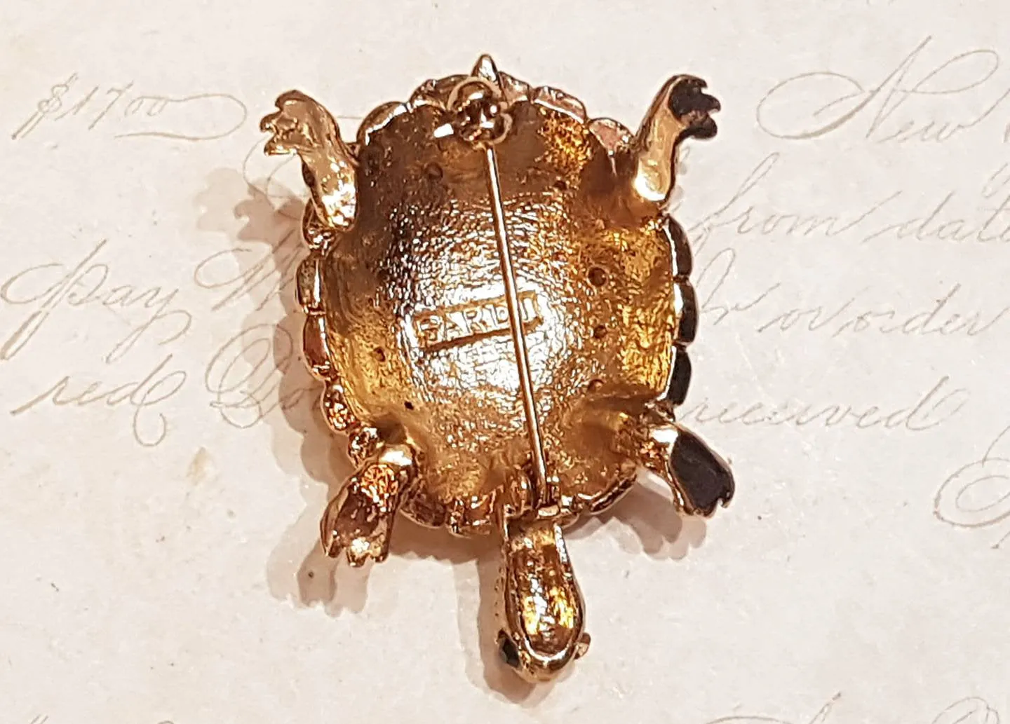 Turtle Brooch Gold Brown Enamel Glass Stones by Sardi
