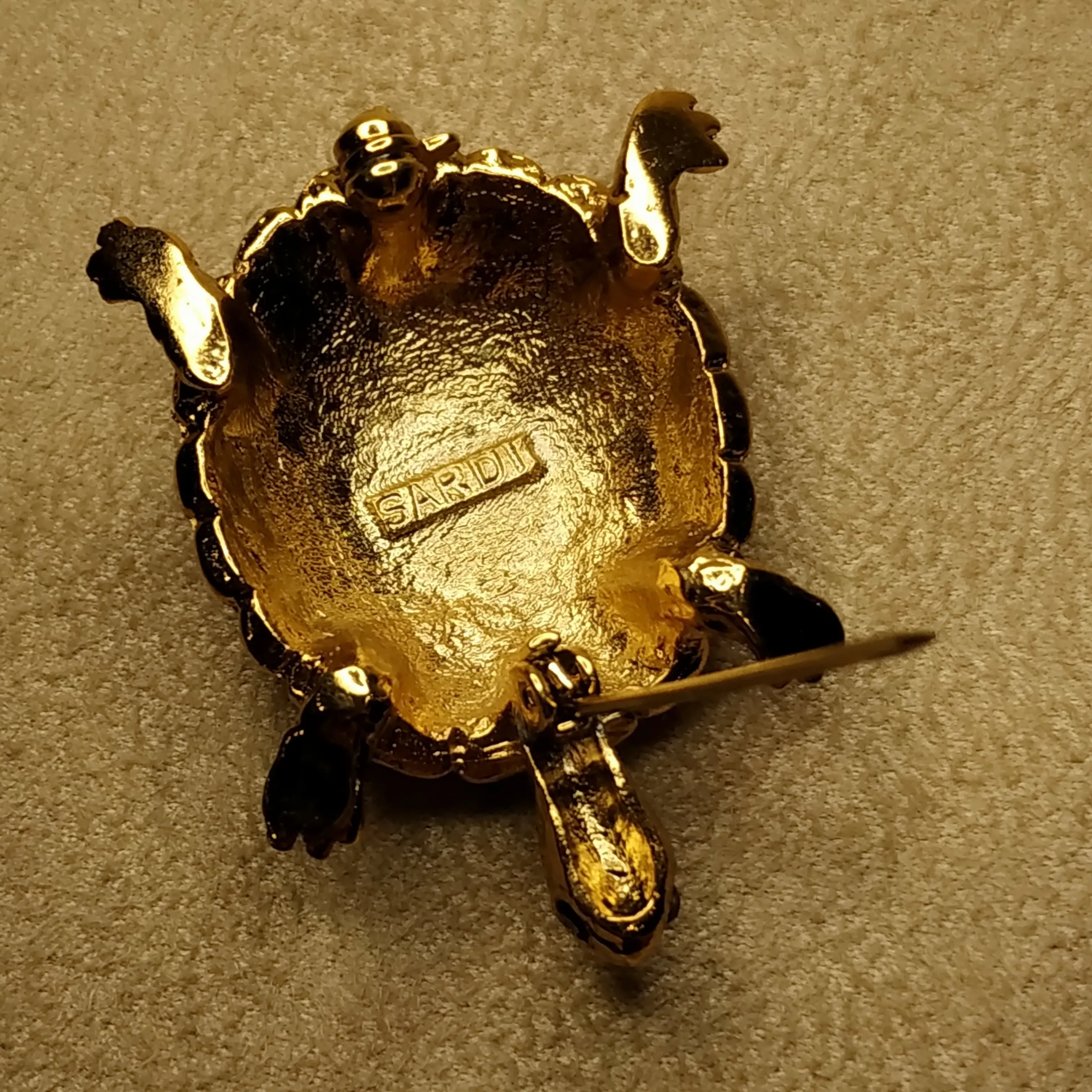 Turtle Brooch Gold Brown Enamel Glass Stones by Sardi
