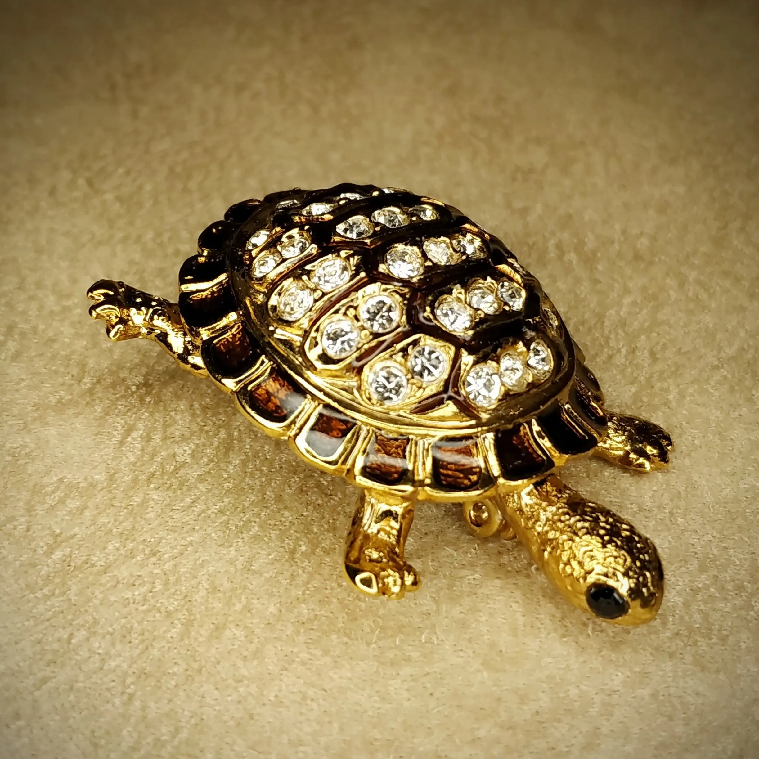 Turtle Brooch Gold Brown Enamel Glass Stones by Sardi