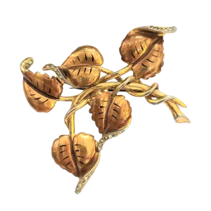 Unsigned DeRosa Caramel Enameled Brooch with Rhinestone Accents