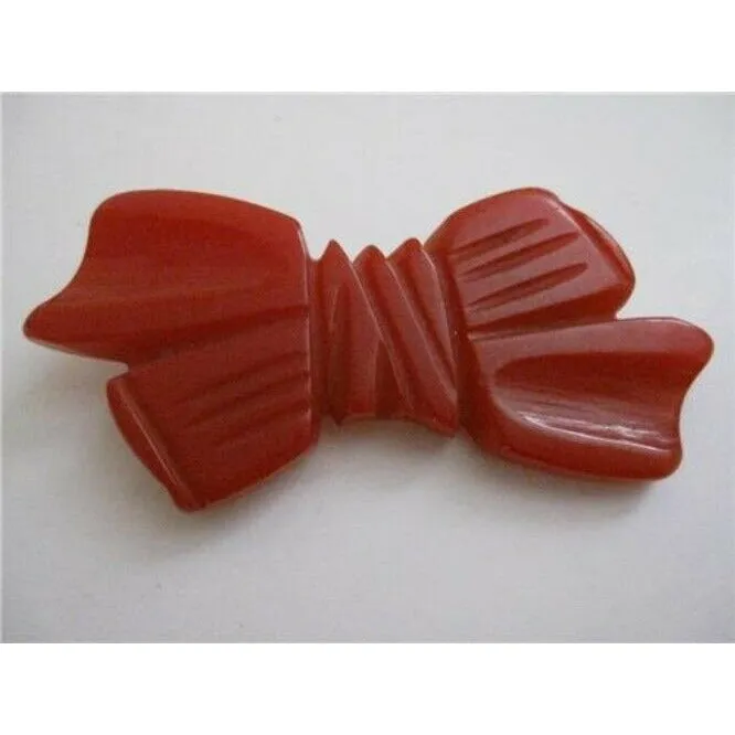 Vintage Carved Petite Cherry Red Bakelite Bow Brooch Pin