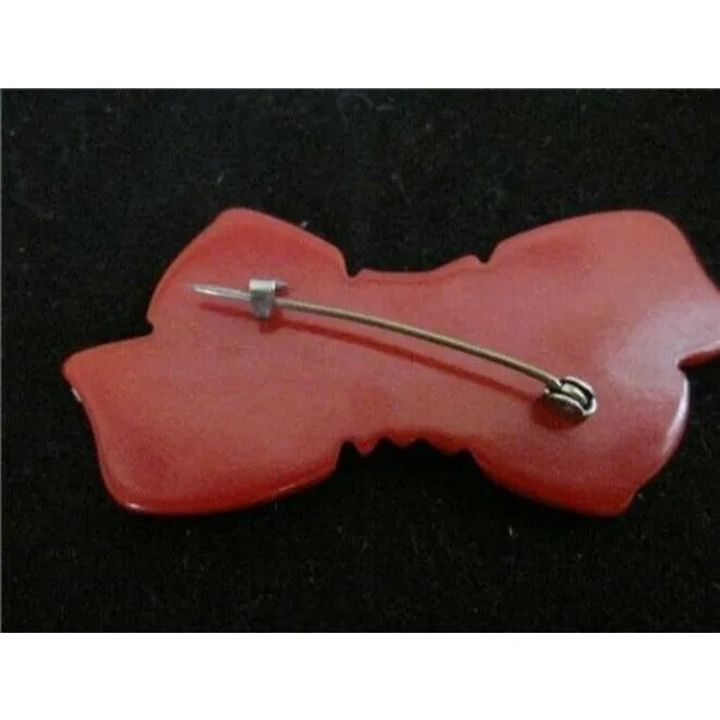 Vintage Carved Petite Cherry Red Bakelite Bow Brooch Pin