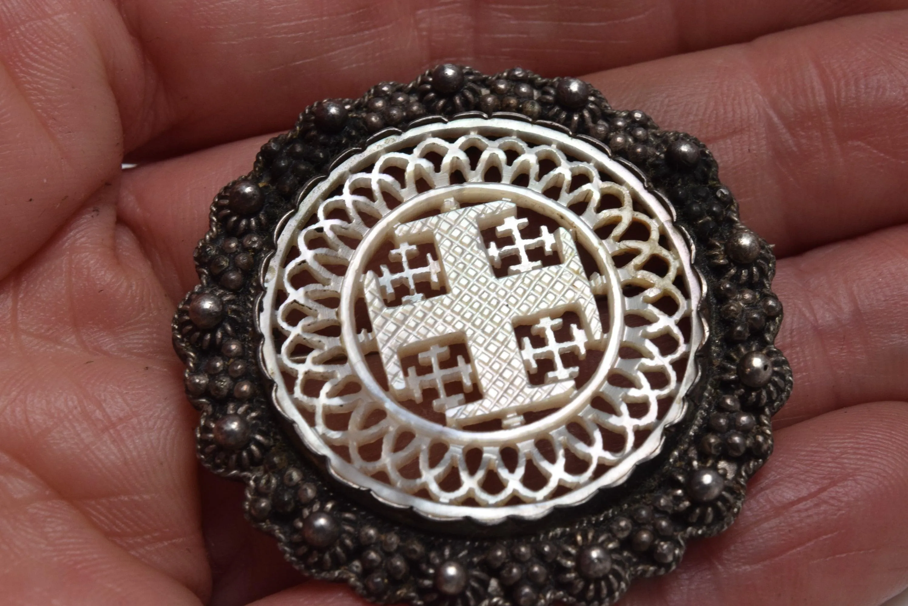 Vintage Silver and Carved Mother of Pearl Cross Brooch or Pendant From the Holy Land