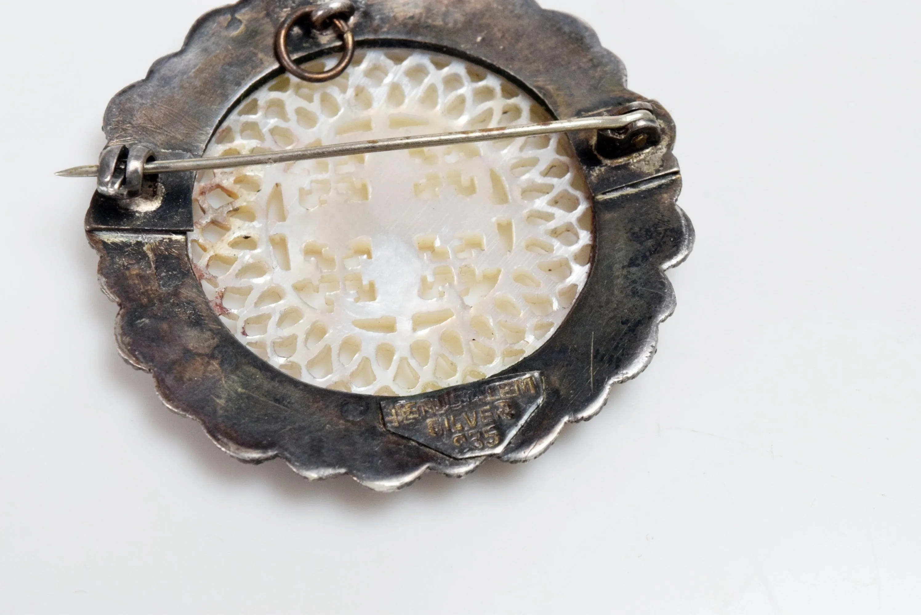 Vintage Silver and Carved Mother of Pearl Cross Brooch or Pendant From the Holy Land