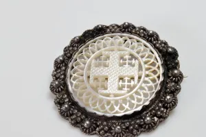 Vintage Silver and Carved Mother of Pearl Cross Brooch or Pendant From the Holy Land