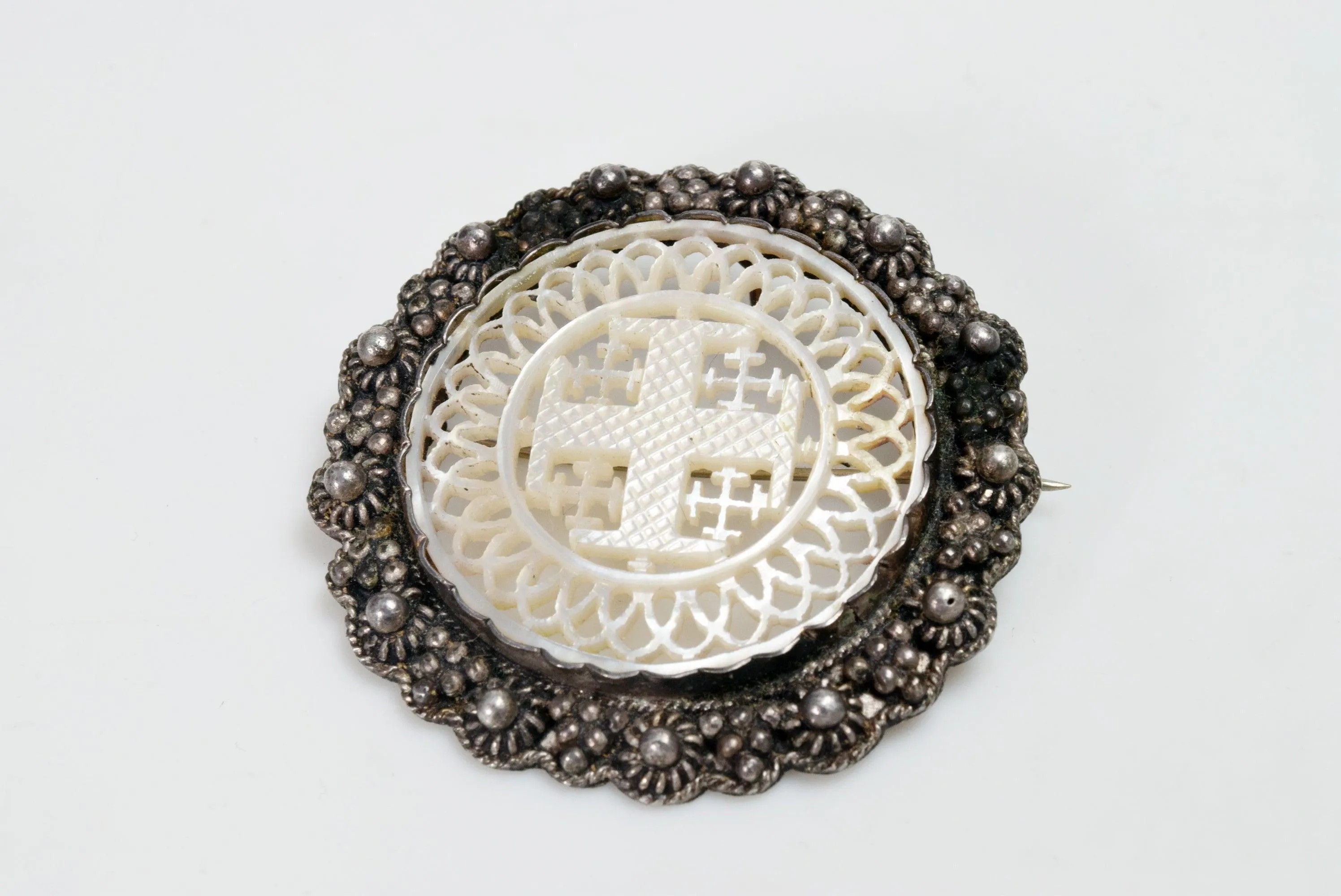 Vintage Silver and Carved Mother of Pearl Cross Brooch or Pendant From the Holy Land