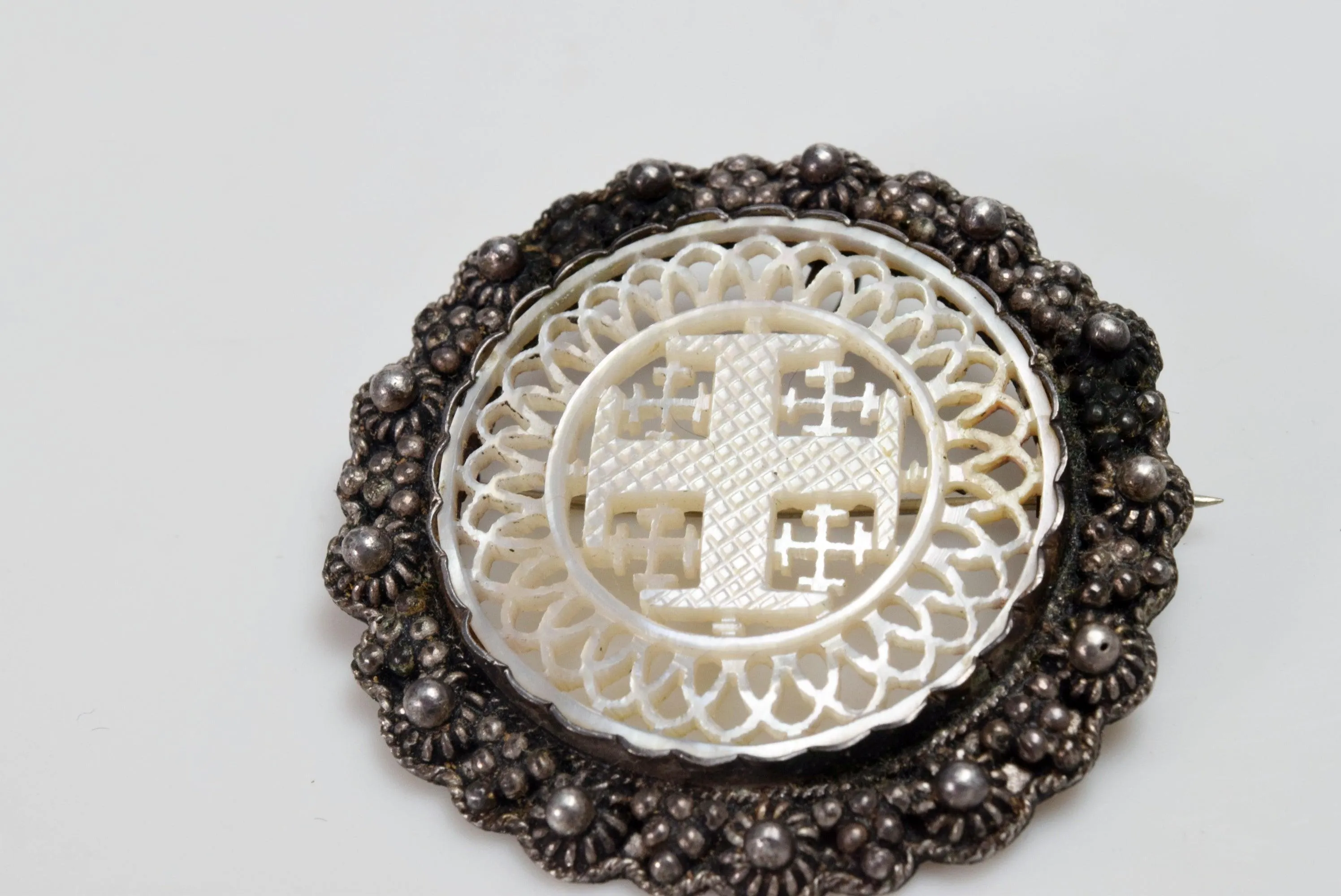 Vintage Silver and Carved Mother of Pearl Cross Brooch or Pendant From the Holy Land