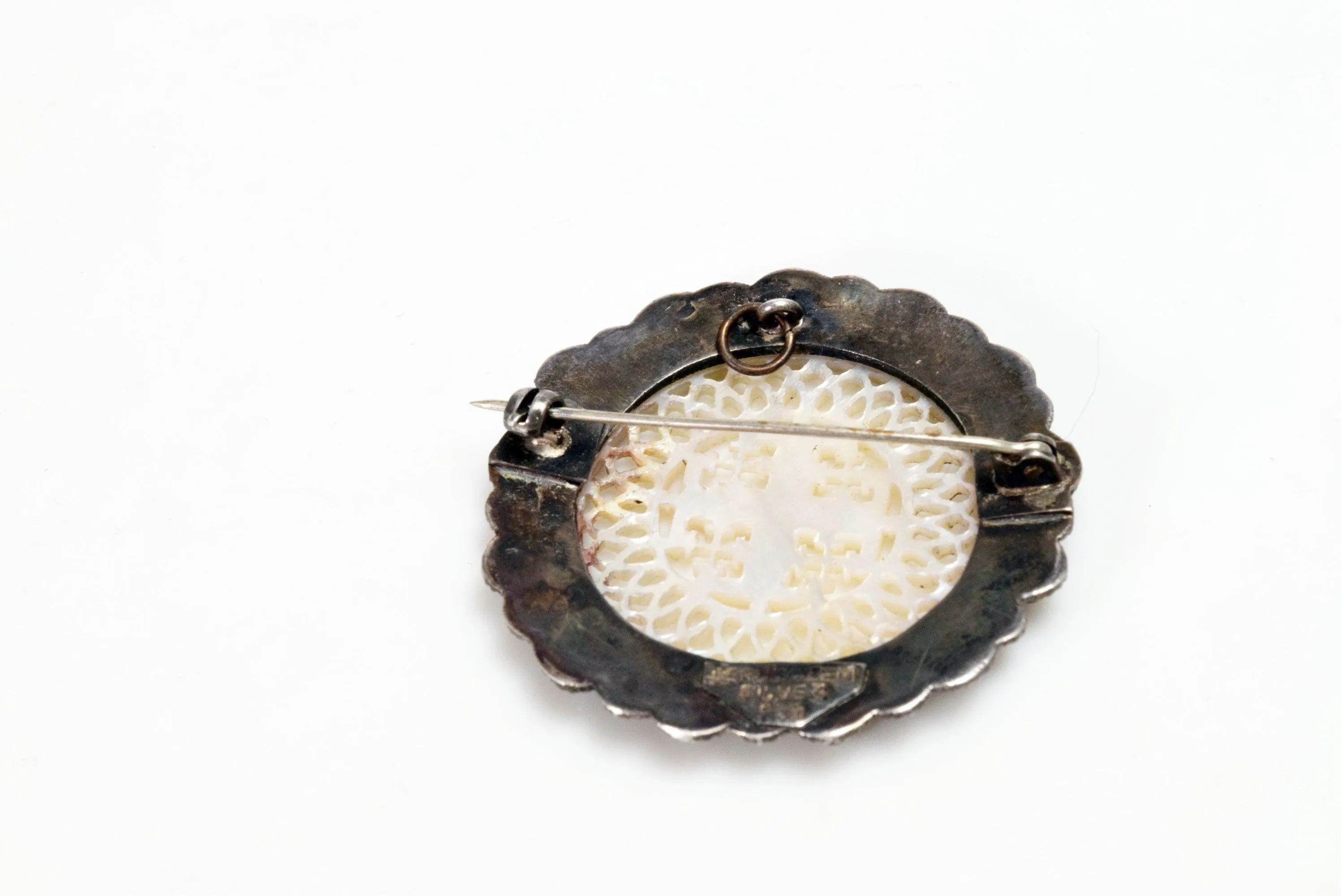 Vintage Silver and Carved Mother of Pearl Cross Brooch or Pendant From the Holy Land