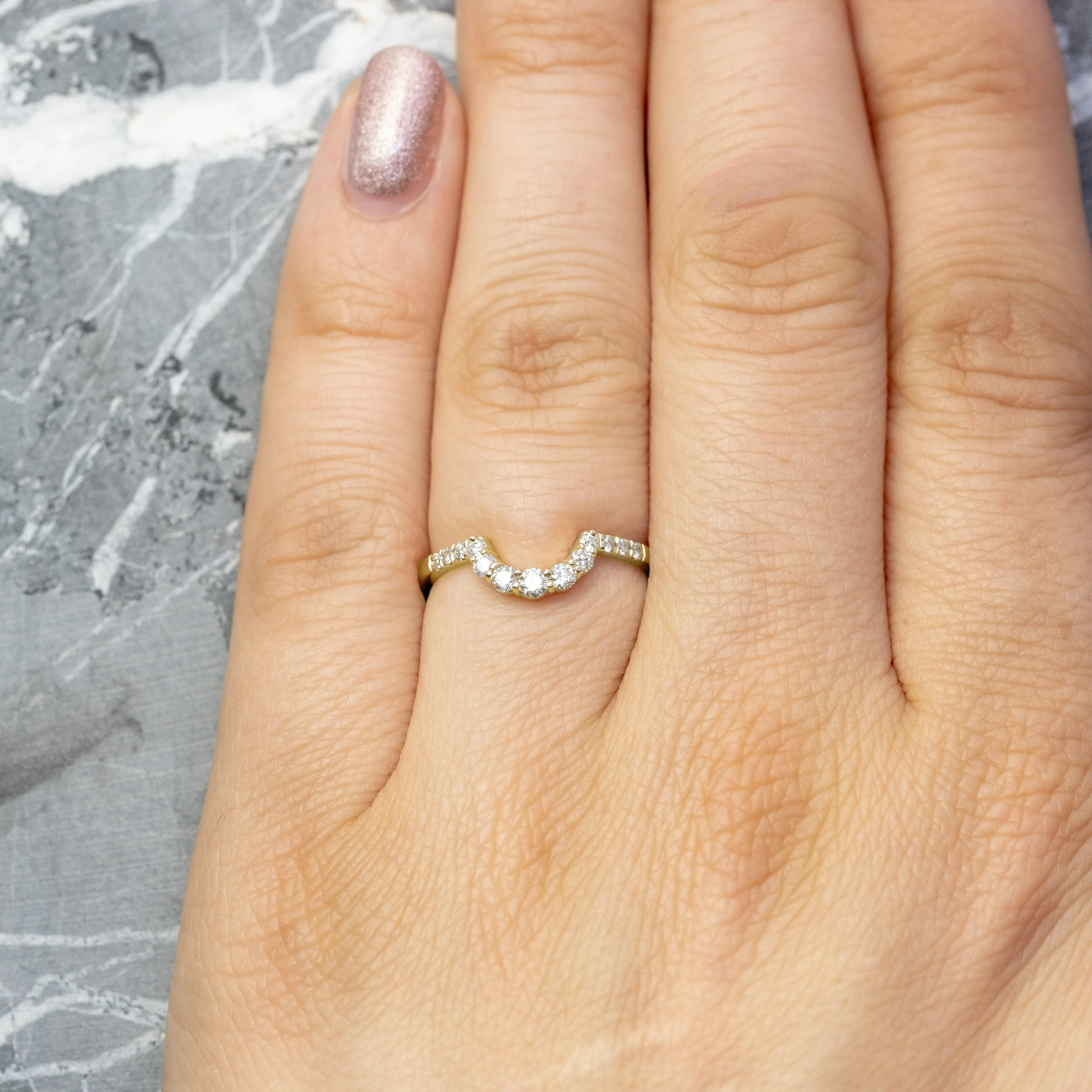 White Diamond Contour Wedding Band, Gwen Setting, 14K Yellow Gold