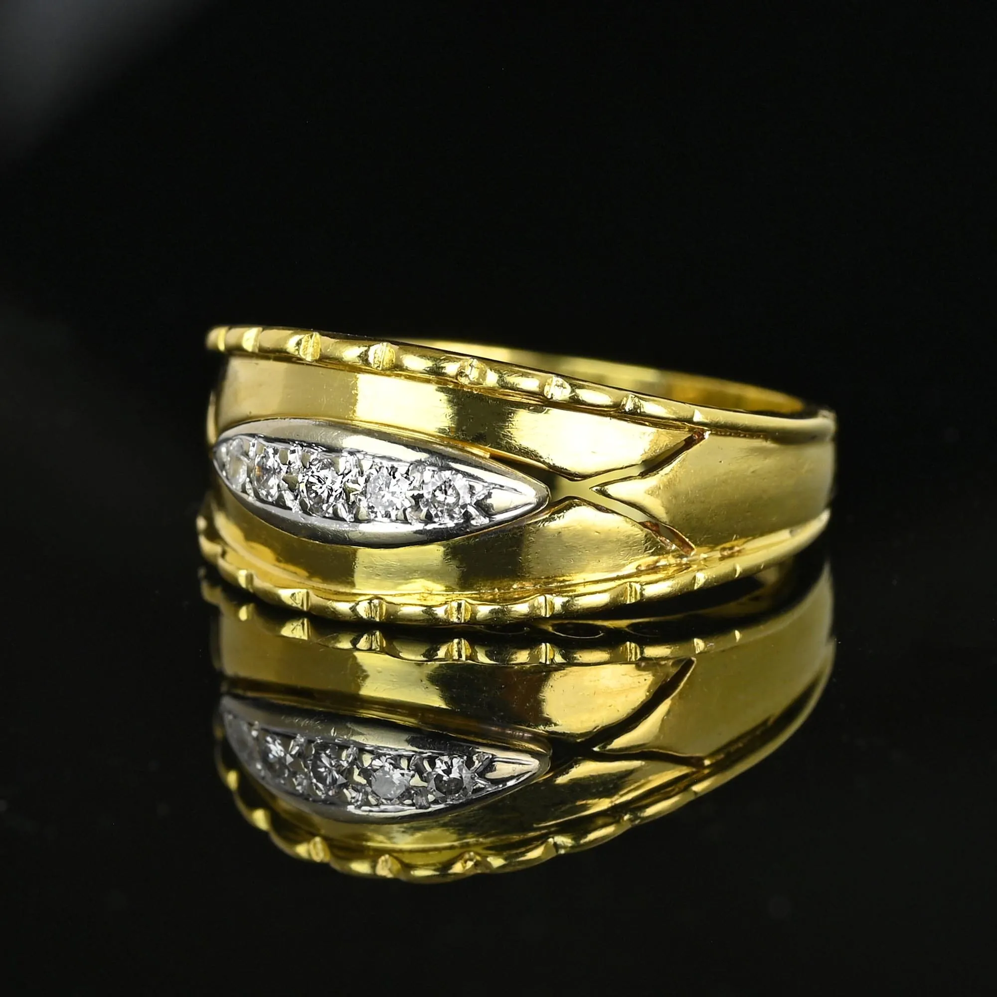 Wide 18K Gold Scallop Edge Diamond Five Stone Ring Band