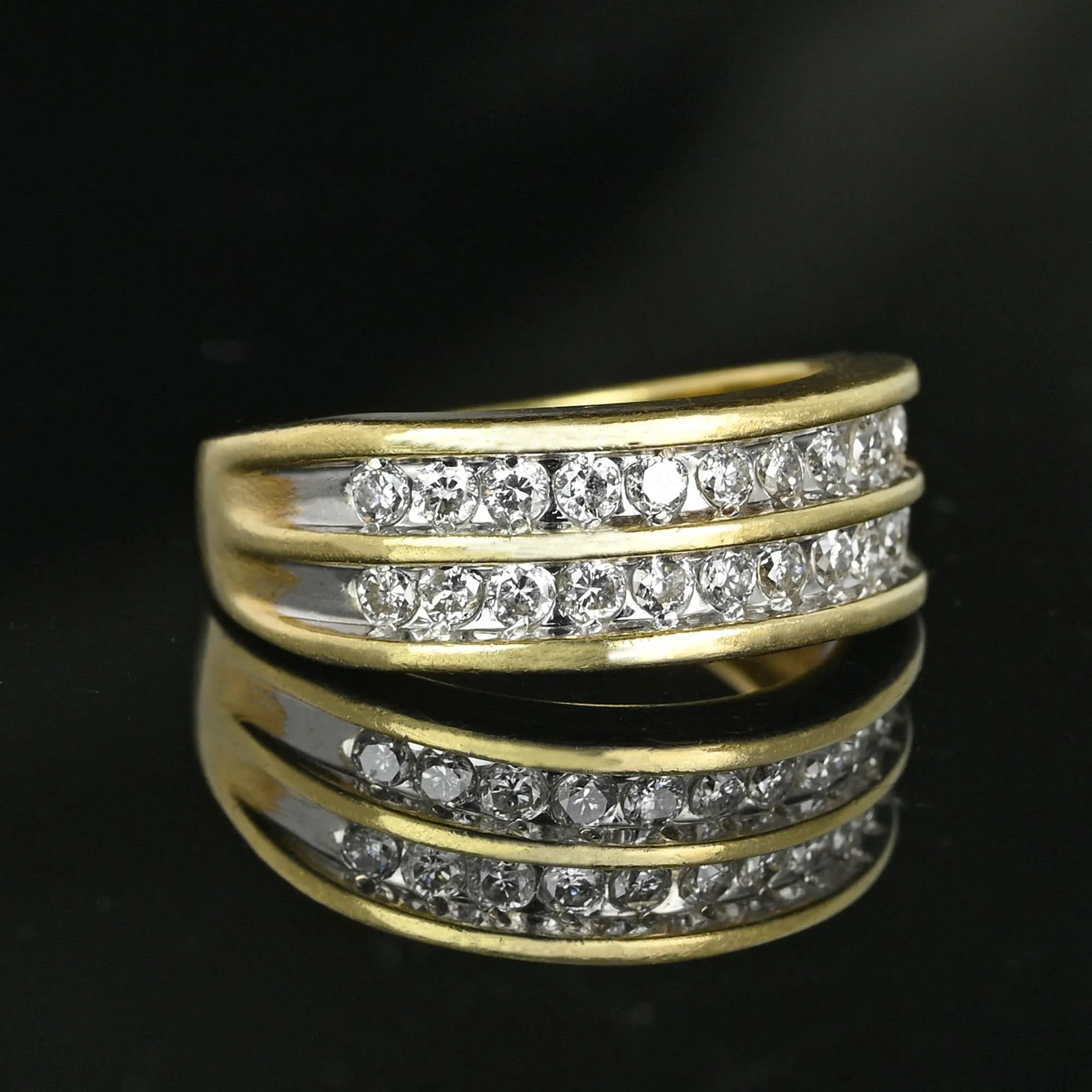 Wide Vintage 14K Gold Double Row Diamond Ring Band
