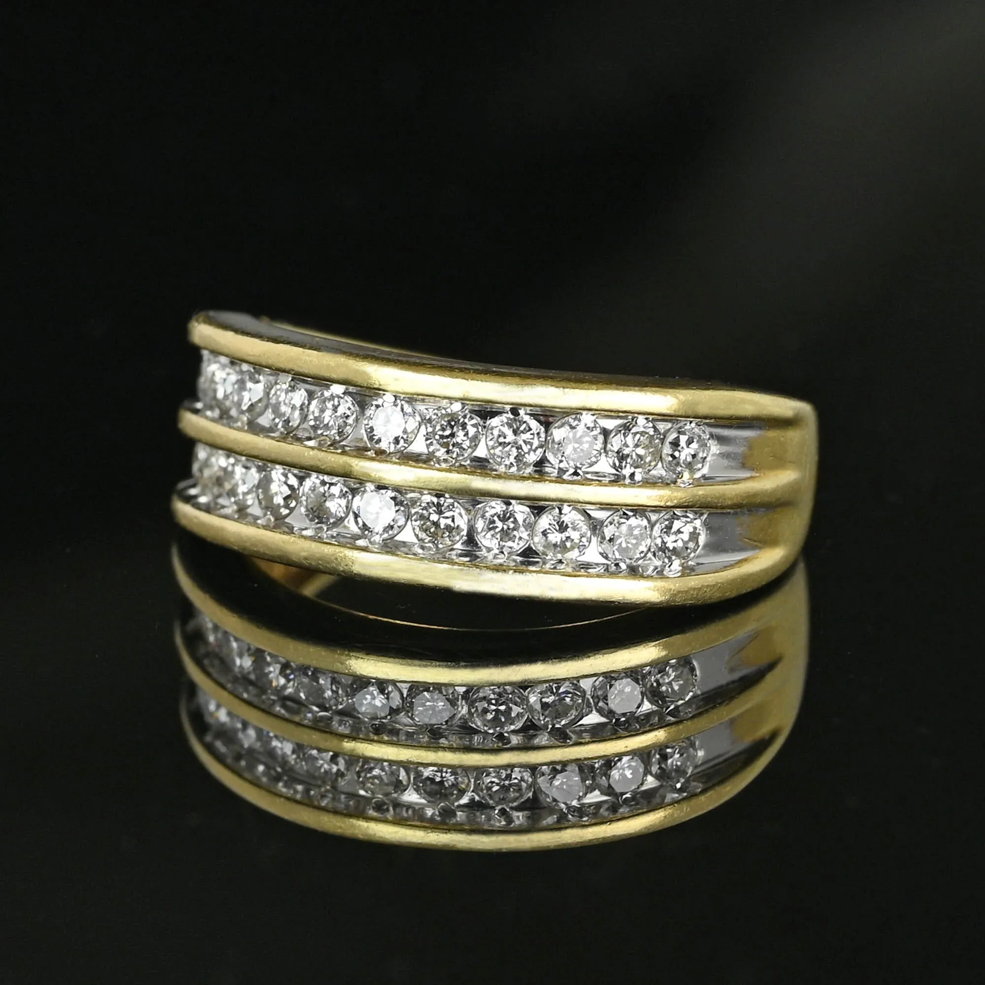 Wide Vintage 14K Gold Double Row Diamond Ring Band