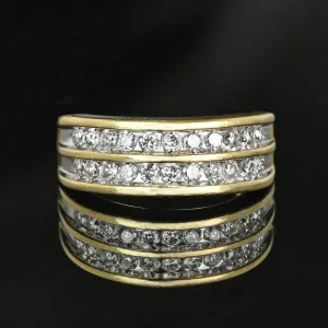 Wide Vintage 14K Gold Double Row Diamond Ring Band