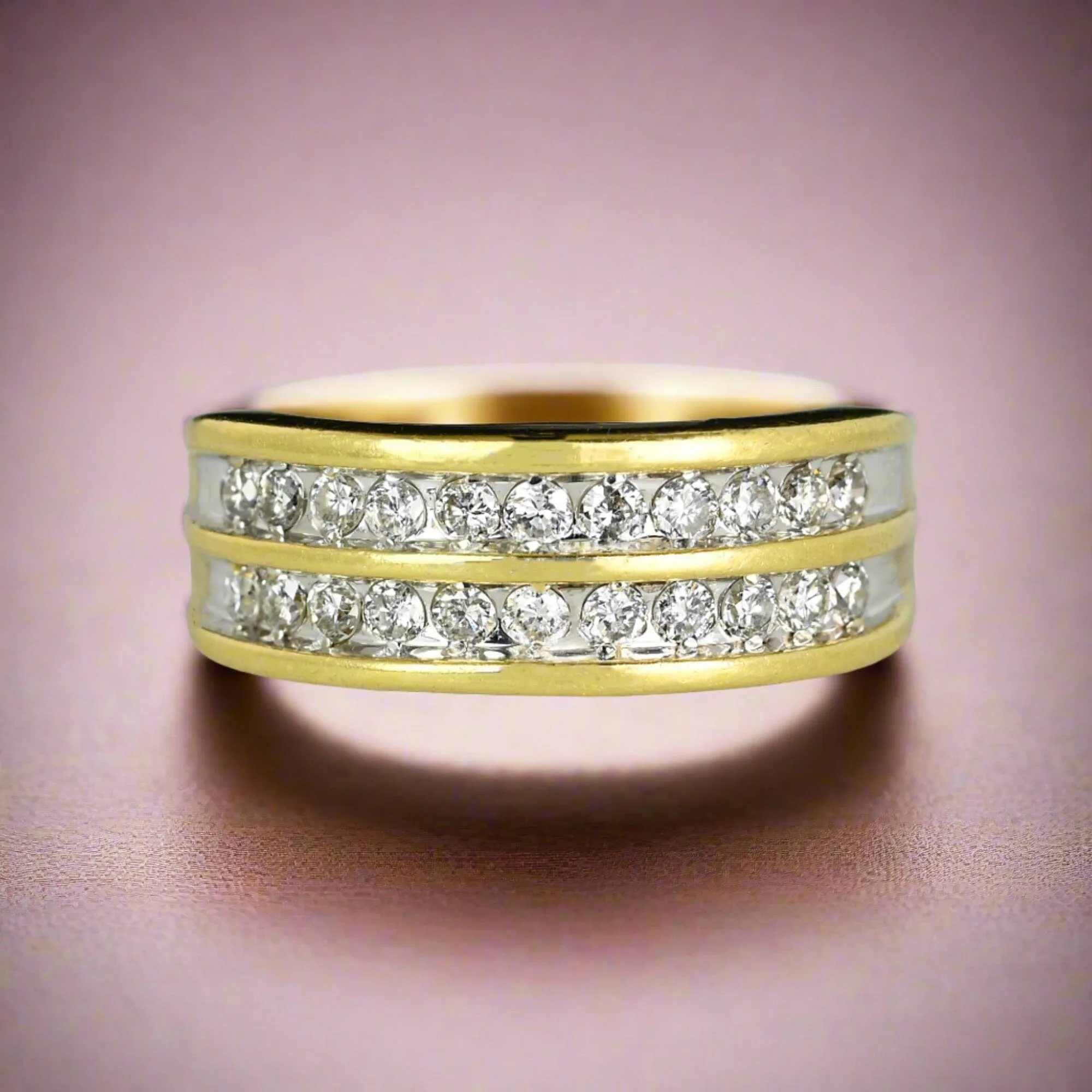 Wide Vintage 14K Gold Double Row Diamond Ring Band