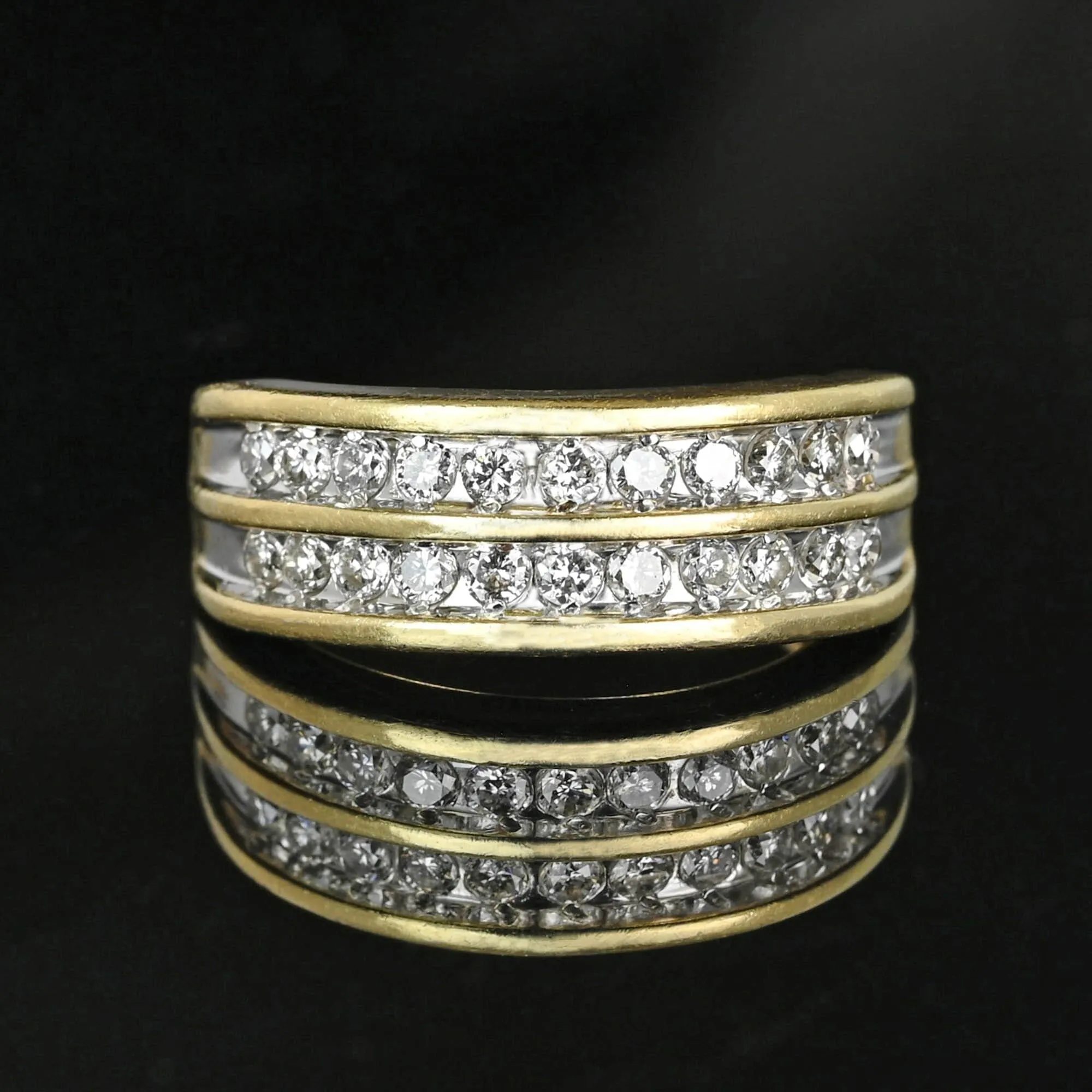 Wide Vintage 14K Gold Double Row Diamond Ring Band