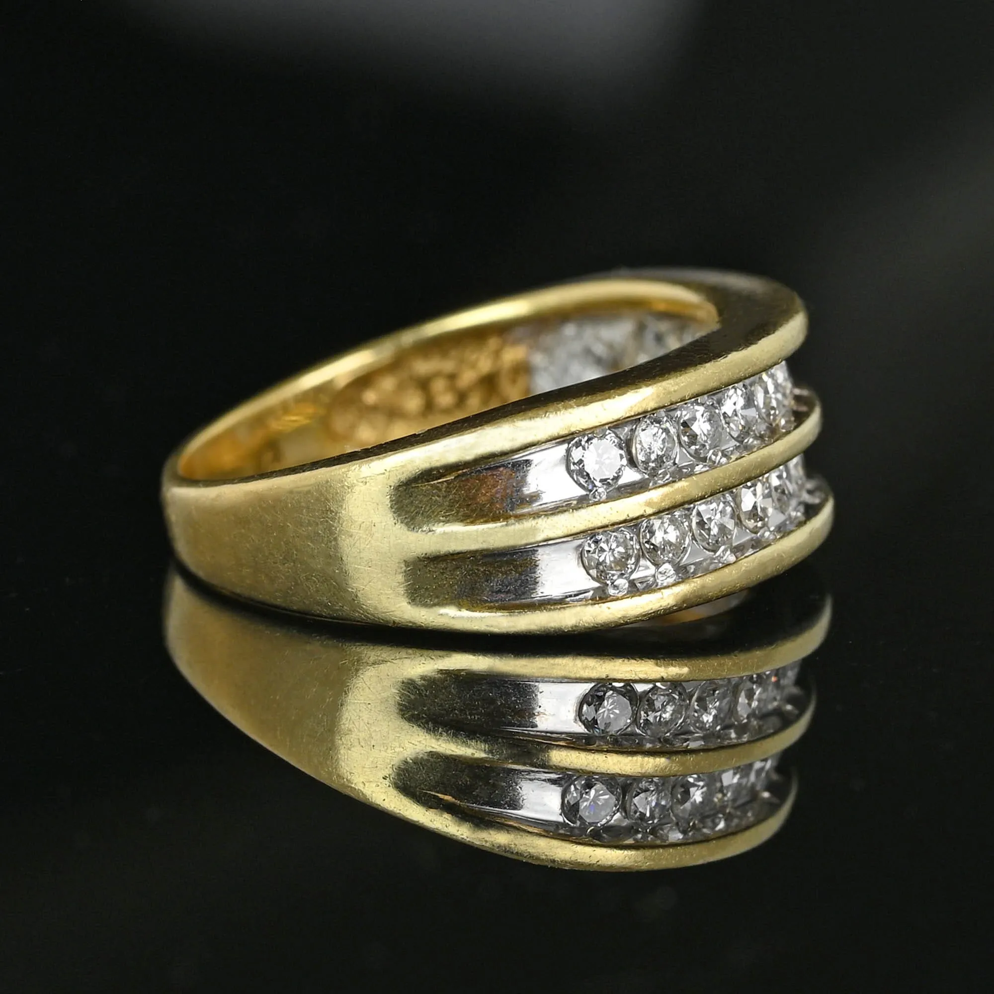 Wide Vintage 14K Gold Double Row Diamond Ring Band