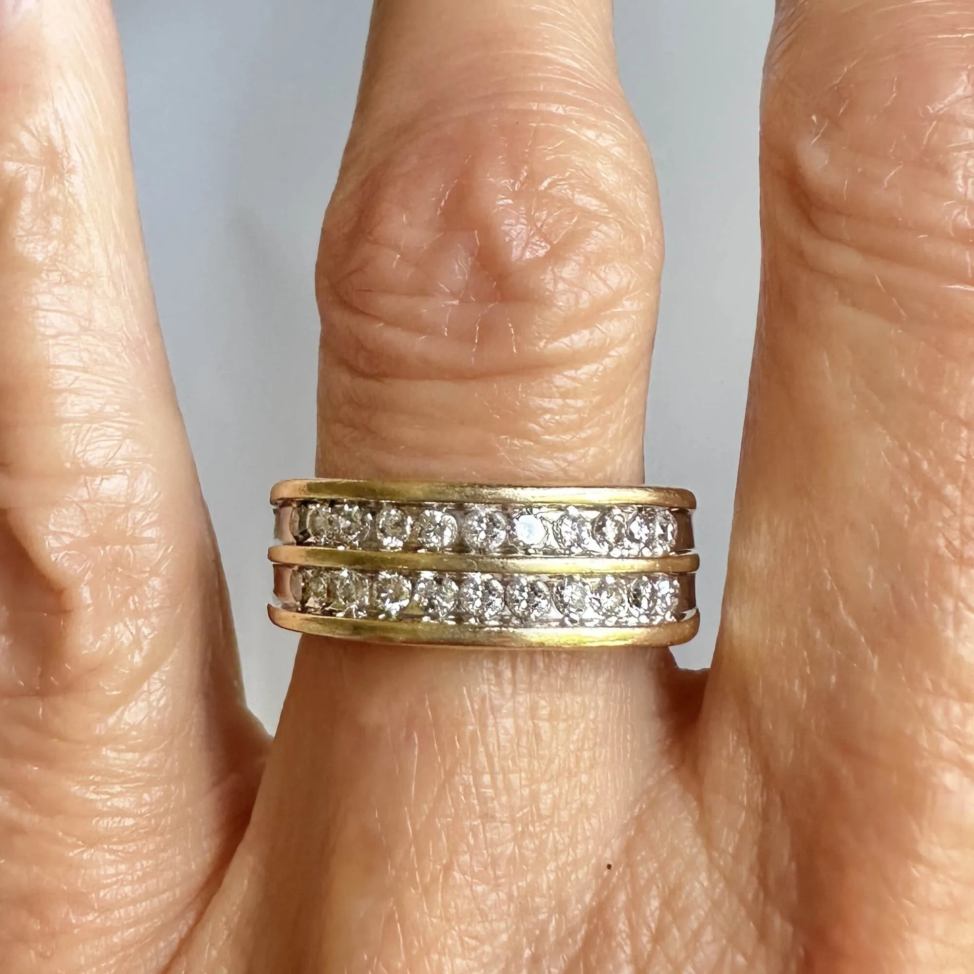 Wide Vintage 14K Gold Double Row Diamond Ring Band