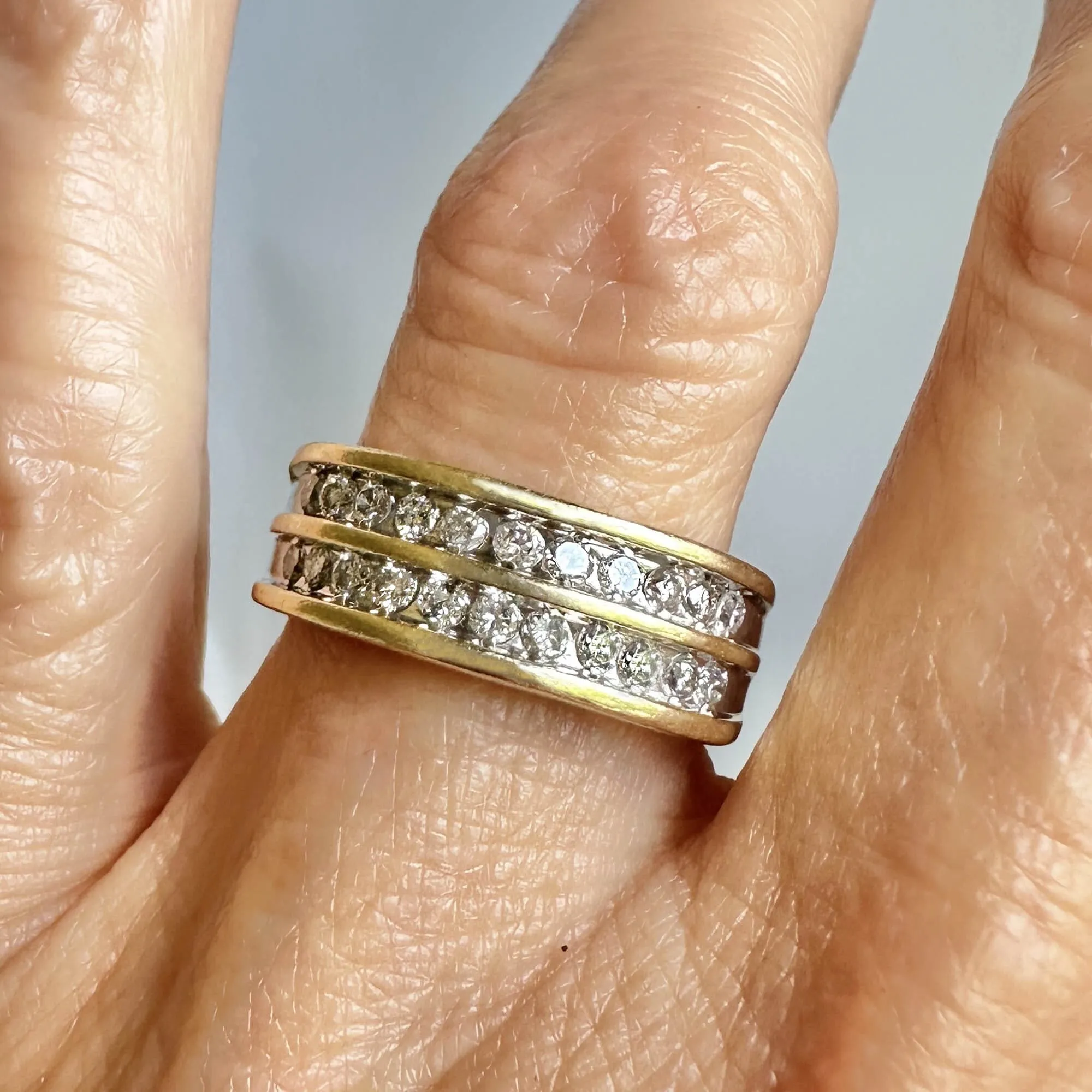 Wide Vintage 14K Gold Double Row Diamond Ring Band
